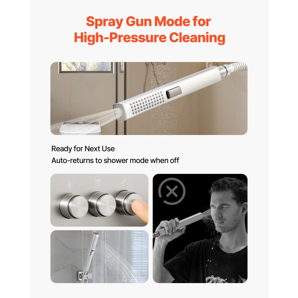 Zestaw prysznicowy VEVOR zawierający 10-calowy system deszczownicy / 6-calową głowicę ścienną / ręczny prysznic 2 w 1, obrotową podwójną głowicę deszczownicy (3 funkcje), zawór mosiężny i zestaw wykończeniowy, szczotkowany nikiel