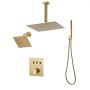 VEVOR Shower Faucet Set, 305 mm Thermostatic Ceiling Mount Rainfall Shower System with 152 mm Wall Mount Head and 2 in 1 Handheld Spray, 3-Function Dual Rain Head Brass Valve Trim Kit, Brushed Gold