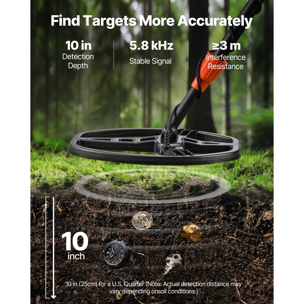 Wykrywacz metali VEVOR dla dorosłych 254 mm, profesjonalny wykrywacz metali z 5 trybami pracy, precyzyjny wykrywacz złota, wodoodporna cewka poszukiwawcza IP68 z wyświetlaczem, słuchawki, regulowana długość, do poszukiwania złota