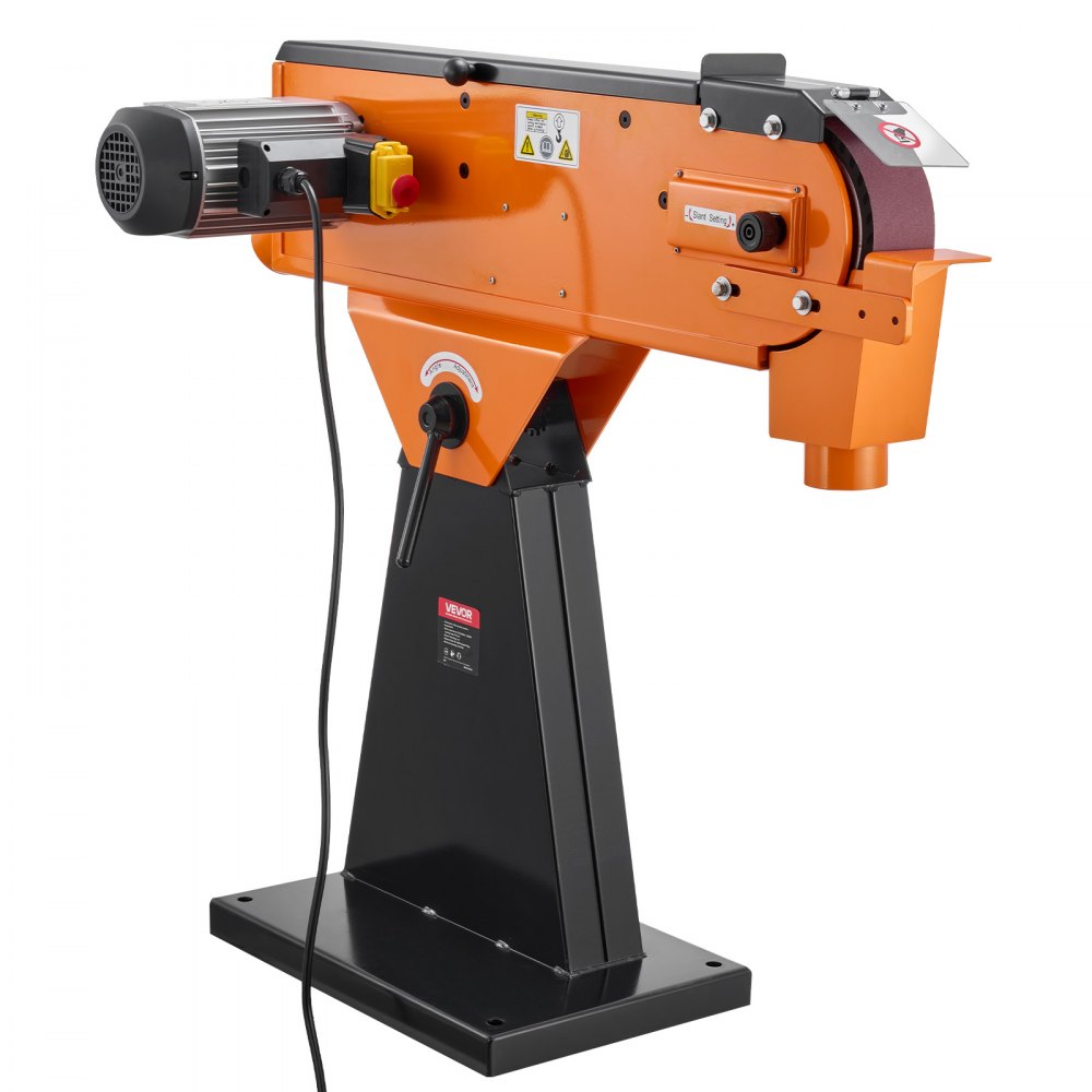 Szlifierka taśmowa VEVOR 7,62 x 200,7 cm, 2100 W, 900 obr./min, jakość przemysłowa, z regulowanym kątem nachylenia 0° - 45° i przyłączem do odsysania pyłu do profesjonalnej obróbki drewna i metalu