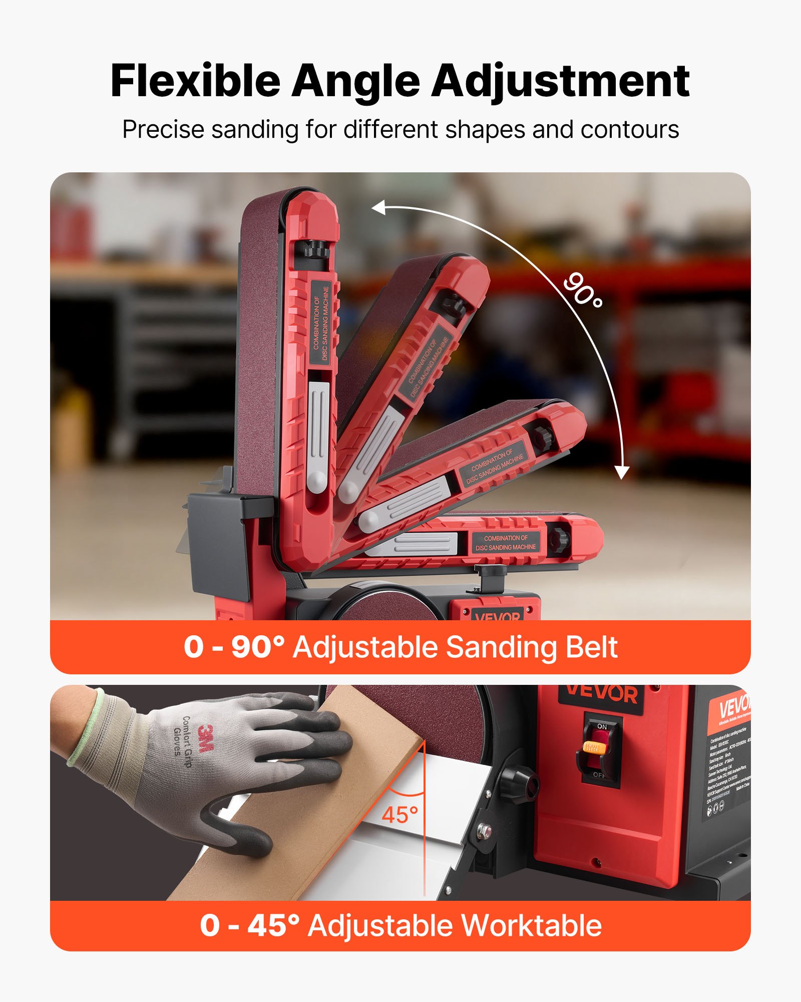 Szlifierka taśmowa i tarczowa VEVOR 400 W, szlifierka tarczowa 152,4 mm i szlifierka taśmowa 101,6 x 914,4 mm, ze stołem roboczym regulowanym w zakresie 0–45° i portem odciągu pyłu do obróbki drewna i ostrzenia noży