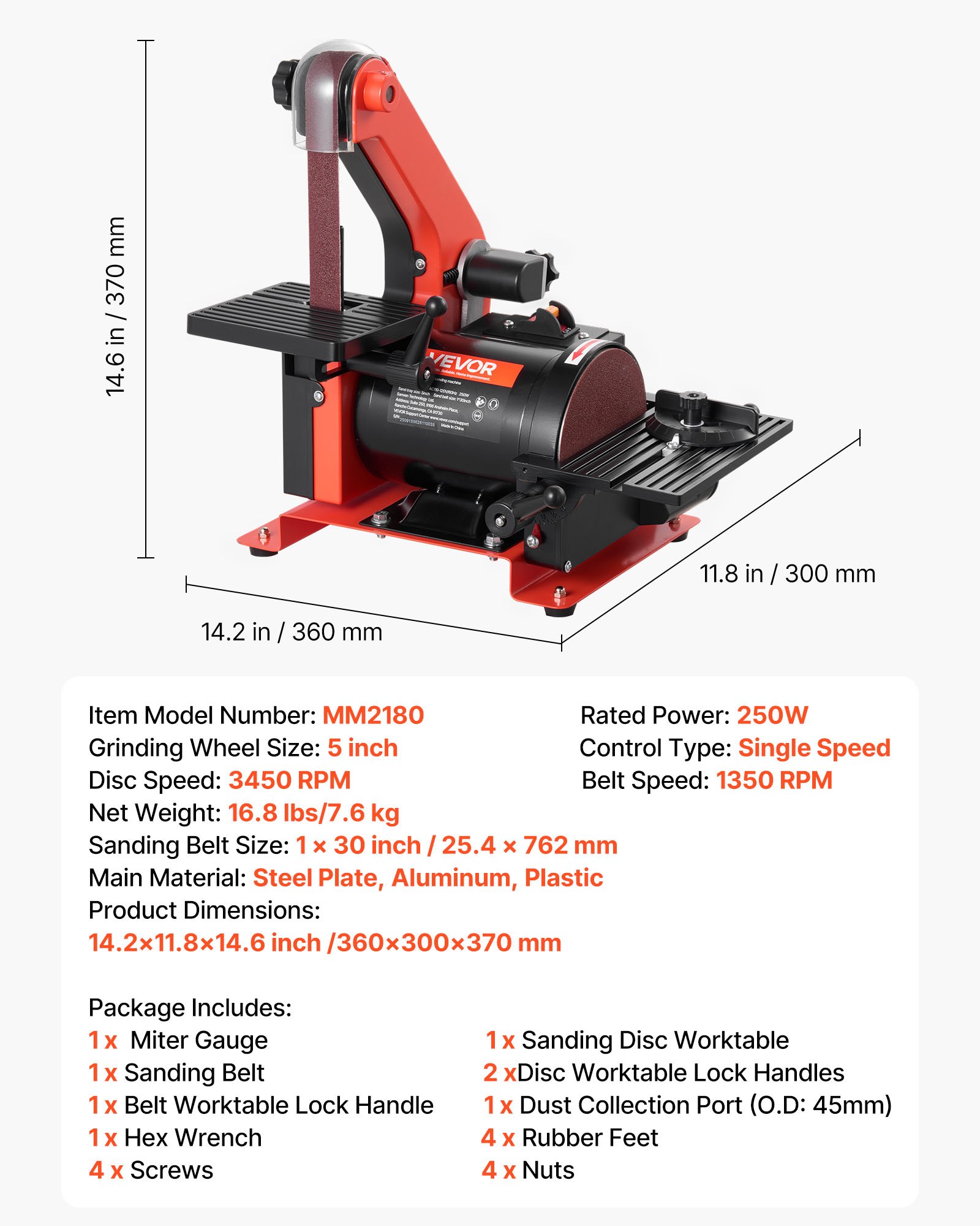 Szlifierka taśmowa i tarczowa VEVOR 250 W, szlifierka tarczowa 127 mm i szlifierka taśmowa 25,4 x 762 mm, ze stołem roboczym regulowanym w zakresie 0–45° i portem odciągu pyłu do obróbki drewna i ostrzenia noży