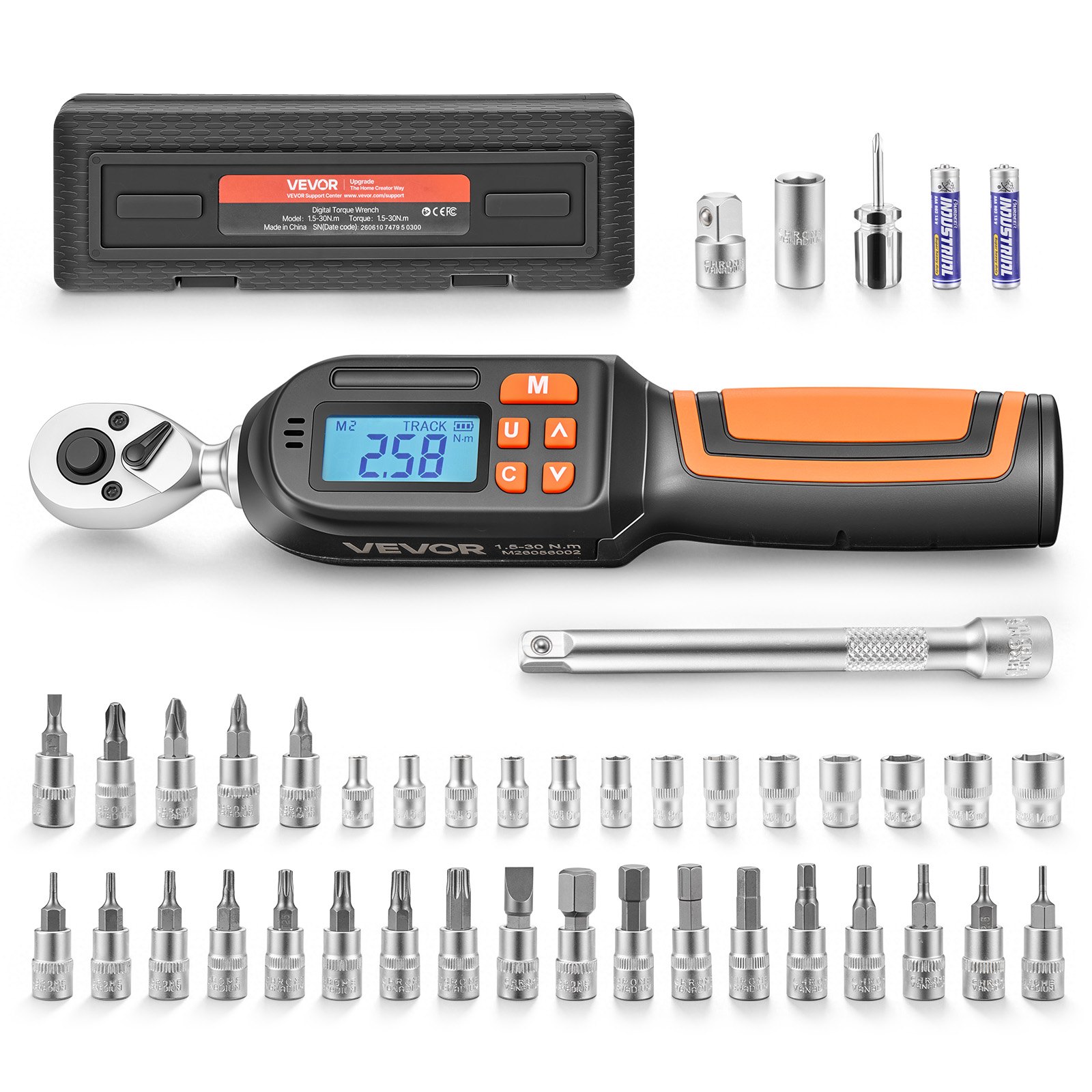 Zestaw 42 kluczy dynamometrycznych VEVOR Digital Torque Wrench 1/4", 4 sztuki, dokładność ±2%, ekran LCD z brzęczykiem i wskaźnikiem LED, nasadki, bity, przedłużki i adaptery do napraw samochodowych