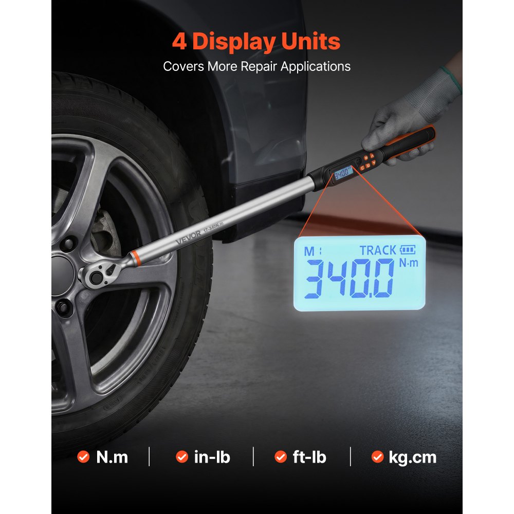 Zestaw kluczy dynamometrycznych VEVOR, napęd 1/2 cala, 4 sztuki, dokładność ±2%, wyświetlacz LCD z brzęczykiem i wskaźnikiem LED, nasadki, przedłużka i adapter do napraw samochodowych