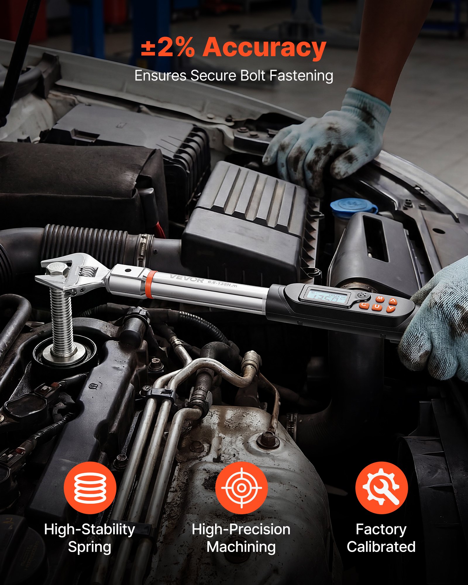 Klucz dynamometryczny cyfrowy VEVOR 0–38 mm, regulowany rozstaw szczęk, 4 wyświetlacze, dokładność ±2%, wyświetlacz LCD z sygnałem dźwiękowym i wskaźnikiem LED do napraw rur i samochodów
