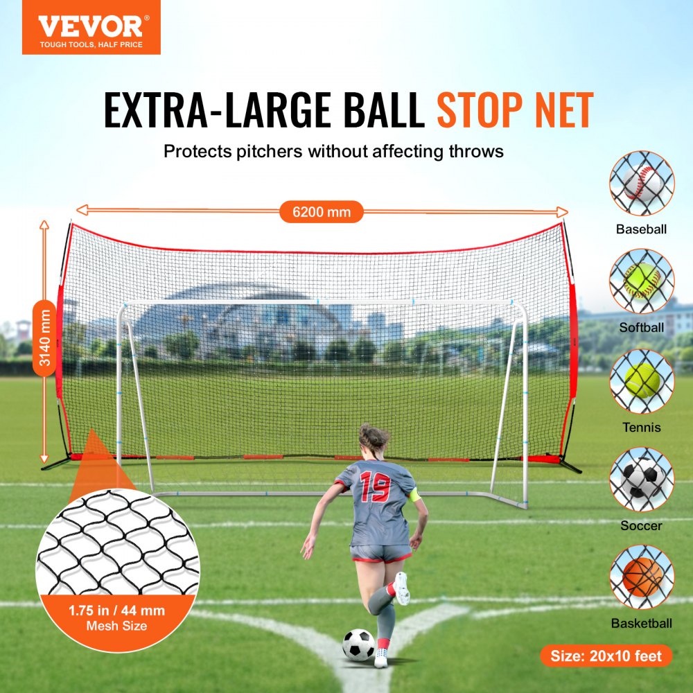 Siatka ochronna VEVOR Backstop, 620 x 140 cm Siatka ochronna do sportów piłkarskich, sprzęt treningowy z torbą transportową, ekran ochronny do treningów baseballowych, softballowych, lacrosse, piłkarskich i hokejowych, do ogrodu