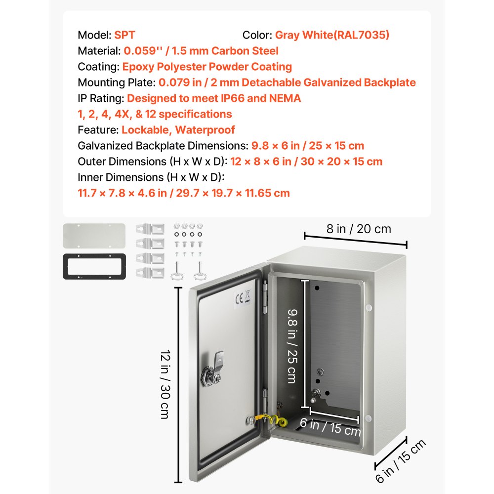 VEVOR Obudowa elektryczna ze stali 30x20x15 cm Stal węglowa IP65