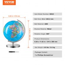 Globus świata VEVOR ze stojakiem, edukacyjny globus geograficzny o średnicy 203,2 mm z dokładną strefą czasową, materiał ABS, globus obrotowy 360° dla dzieci uczących się geografii w klasie