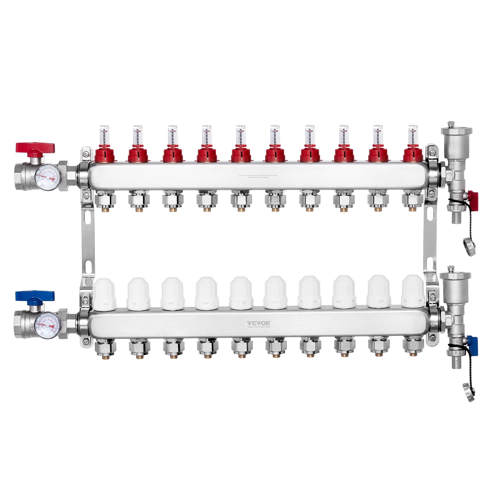 Rozdzielacz ciepła VEVOR 10-odgałęzieniowy, rozdzielacz rurowy PEX 1/2 cala, rozdzielacz PEX ze stali nierdzewnej do wodnego ogrzewania podłogowego, zestaw rozdzielaczy PEX do dystrybucji ciepła z dołączonymi adapterami 1/2 cala