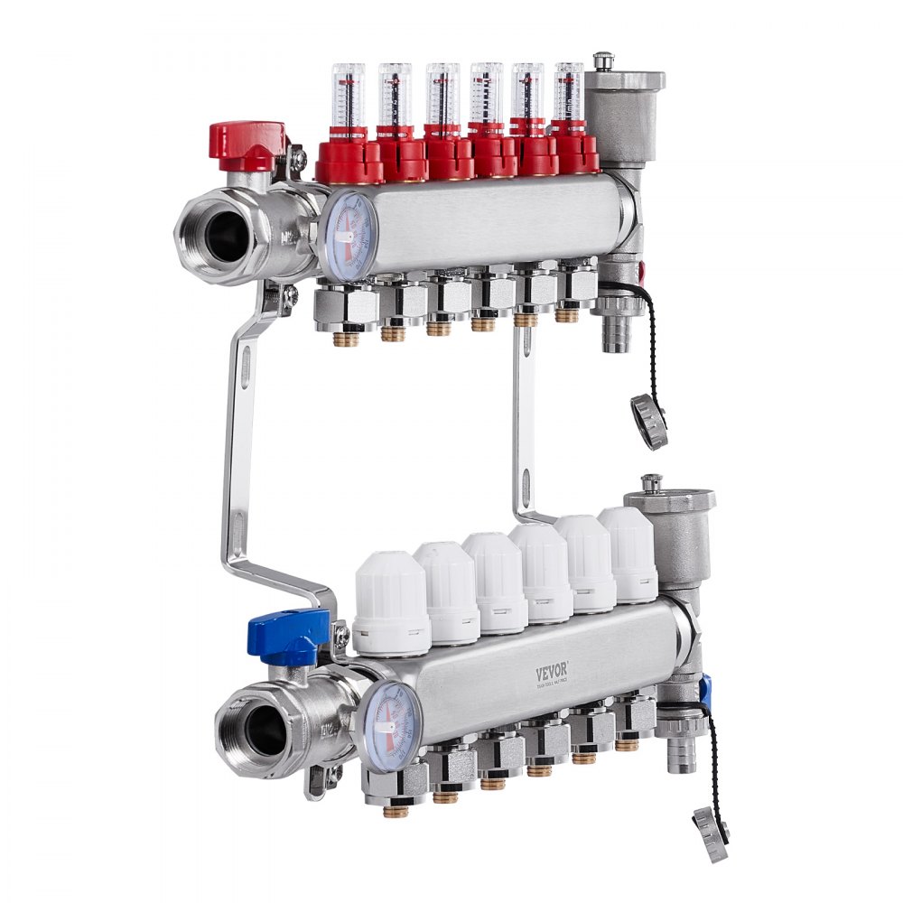 VEVOR 6-odgałęzieniowy rozdzielacz ciepła, rozdzielacz rurowy PEX 1/2 cala, rozdzielacz PEX ze stali nierdzewnej do wodnego ogrzewania podłogowego, zestaw rozdzielaczy PEX do dystrybucji ciepła z dołączonymi adapterami 1/2 cala