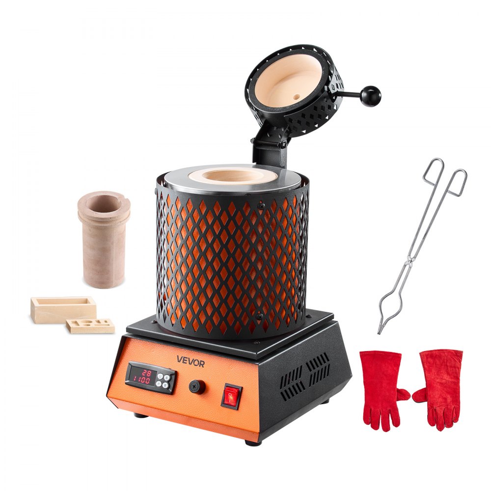 Cyfrowy piec do topienia złota VEVOR z 5 kg ceramicznym tyglem, elektryczny piec do topienia 1500 W maks. 1150 ℃, zestaw pieców do topienia metali do wyrobu biżuterii, sztabek metalowych, elementów metalowych, czarny