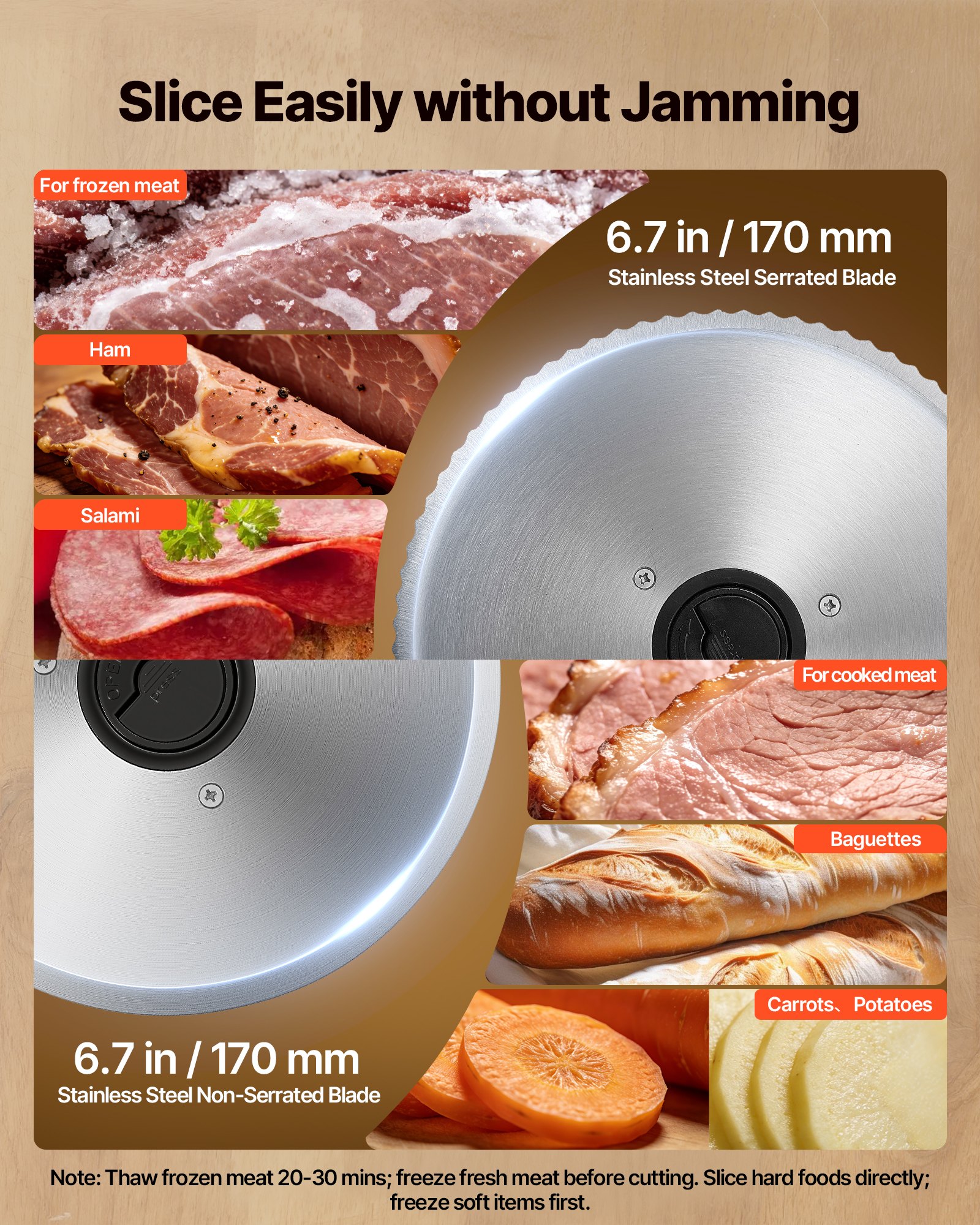 VEVOR Uniwersalna krajalnica do mięsa 150 W, 65–90 obr./min, ostrze 17 cm, regulowana grubość 0–15 mm, do mrożonego mięsa, szynki, steków najwyższej jakości