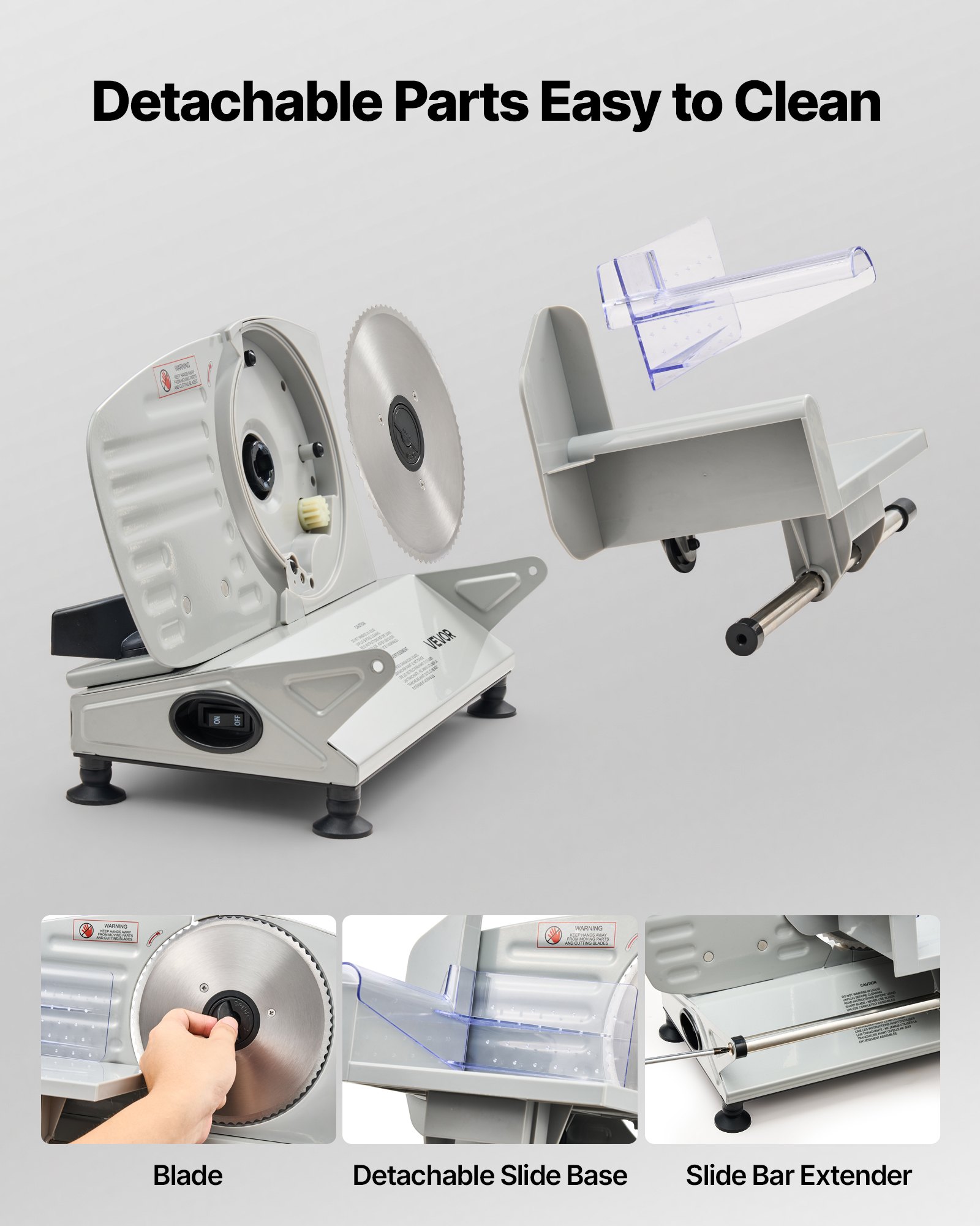 VEVOR Uniwersalna krajalnica do mięsa 150 W, 65–90 obr./min, ostrze 17 cm, regulowana grubość 0–15 mm, do mrożonego mięsa, szynki, steków najwyższej jakości