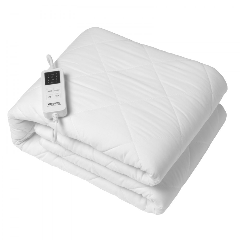 Podgrzewany materac nawierzchniowy VEVOR, 150 x 160 cm, podgrzewacz do łóżka z 4 ustawieniami temperatury, 12-godzinny timer, automatyczne wyłączanie po 8 godzinach, elastyczne kieszenie dookoła, nakładki na materac z tkaniny szczotkowanej