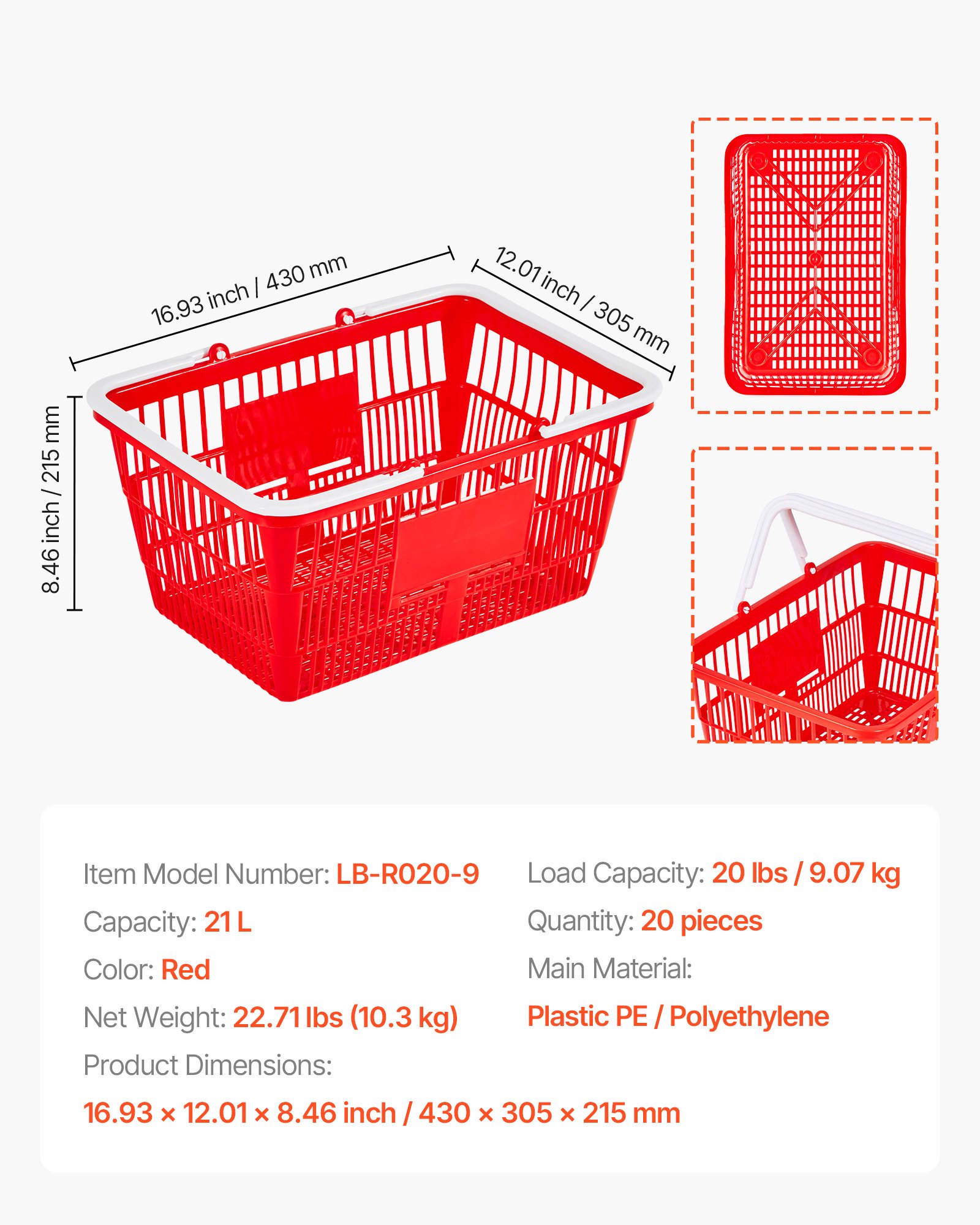 Koszyk zakupowy VEVOR, 20 szt., 21 l, składany, z uchwytami, z tworzywa PE, o ładowności 9,07 kg, do sklepów spożywczych, handlu detalicznego i supermarketów