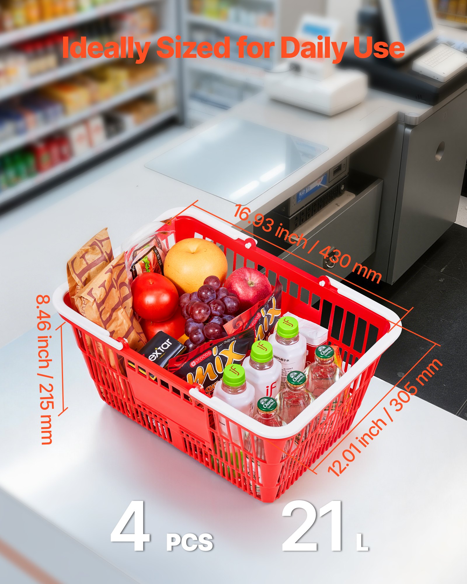 Koszyk zakupowy VEVOR, 4 szt., 21 l, plastikowy kosz PE z uchwytami, uniwersalny, składany, przenośny plastikowy kosz na zakupy, handel detaliczny, sklepy, supermarkety, do użytku domowego, czerwony