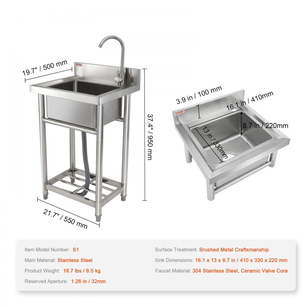 VEVOR Stainless Steel Utility Sink, 1 Compartment Free Standing Small Sink Include Faucet & legs, 40.6 x 33 x 22.1 cm Commercial Single Bowl Sinks for Garage, Restaurant, Kitchen, Laundry, NSF Certified