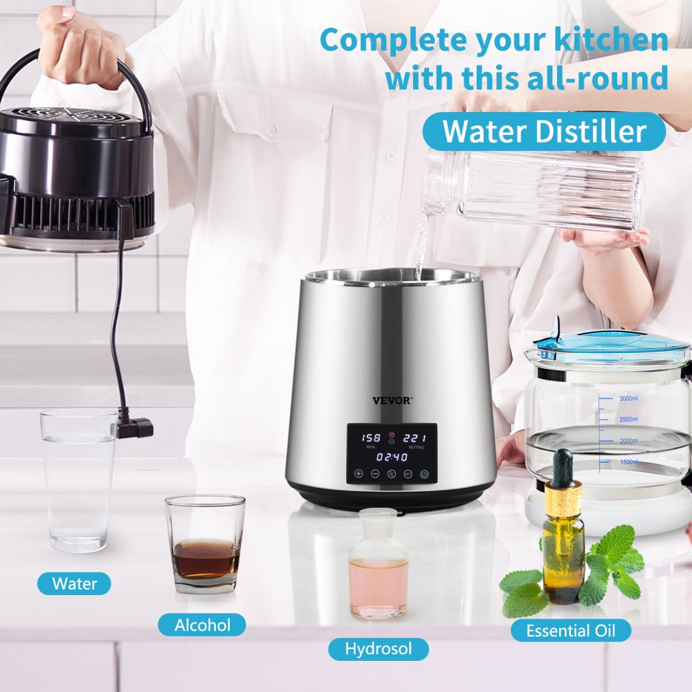 Destylator wody VEVOR z kontrolą temperatury, destylator ze stali nierdzewnej o pojemności 4 l, destylator wody o mocy 1750 W, destylator czystej wody ze szklanym dzbankiem, urządzenie do destylacji 1,5 l/h