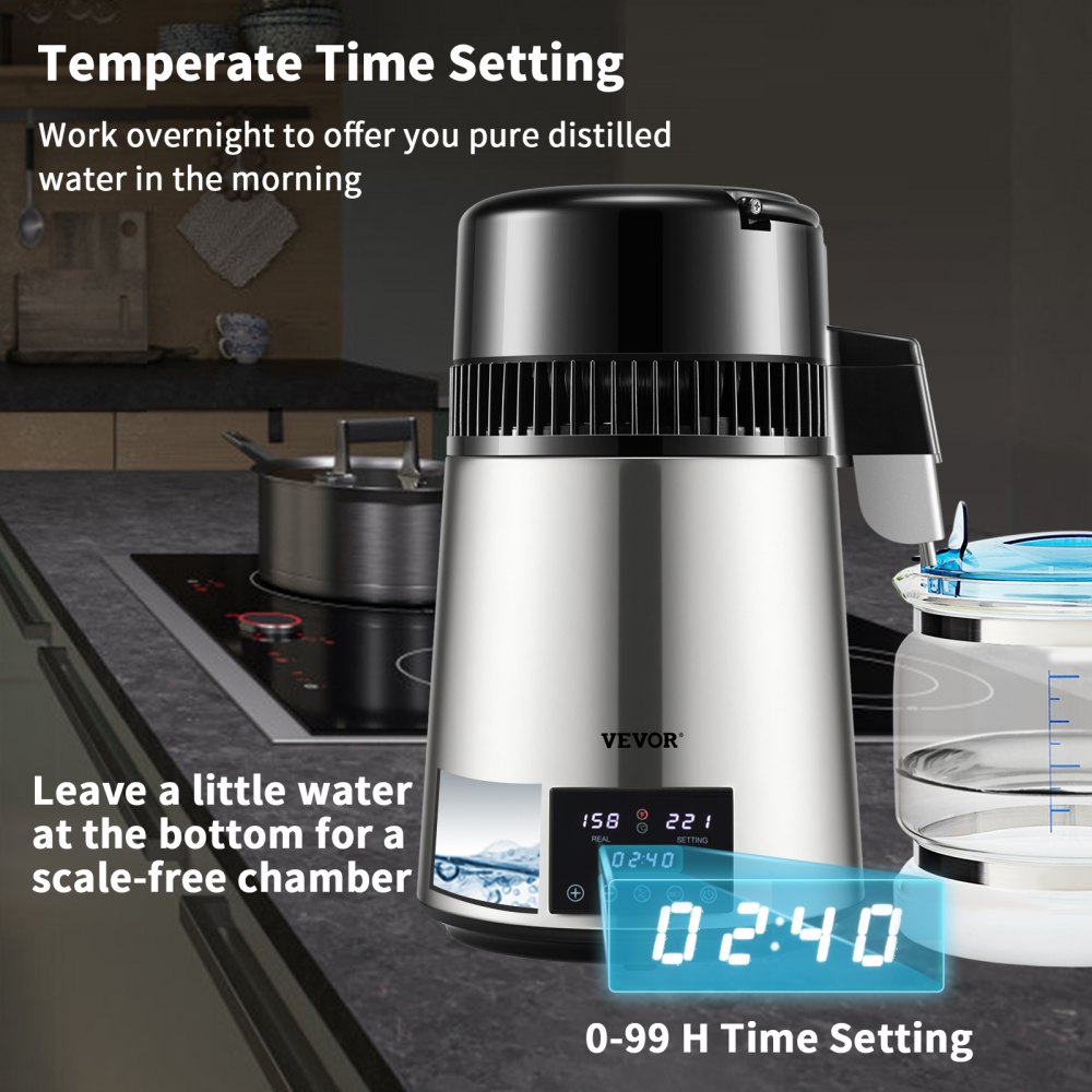 Destylator wody VEVOR z kontrolą temperatury, destylator ze stali nierdzewnej o pojemności 4 l, destylator wody o mocy 1750 W, destylator czystej wody ze szklanym dzbankiem, urządzenie do destylacji 1,5 l/h