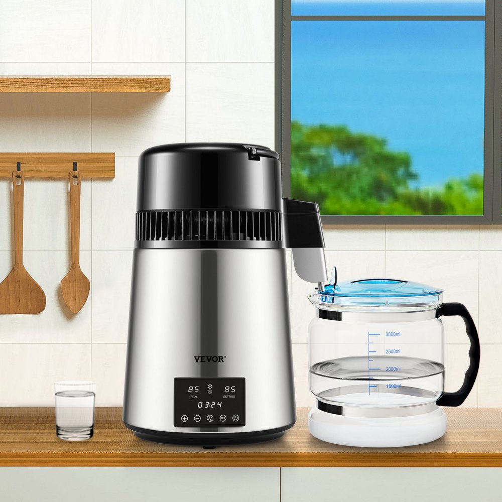 Destylator wody VEVOR z kontrolą temperatury, destylator ze stali nierdzewnej o pojemności 4 l, destylator wody o mocy 1750 W, destylator czystej wody ze szklanym dzbankiem, urządzenie do destylacji 1,5 l/h