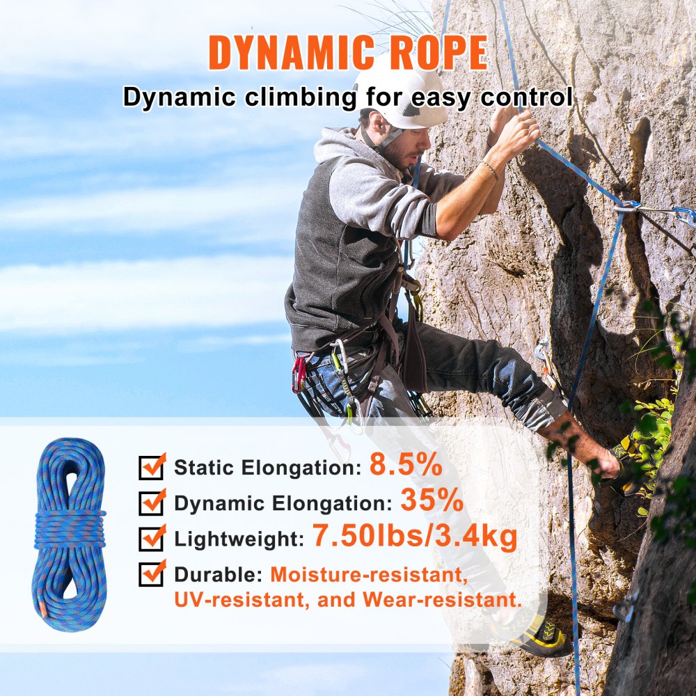 VEVOR 10.2 mm dynamic climbing rope, 50 m (164 ft) outdoor climbing rope, 25 kN breaking strength, stretchable fiber rope with steel carabiner for escape, rappelling, fire rescue, blue
