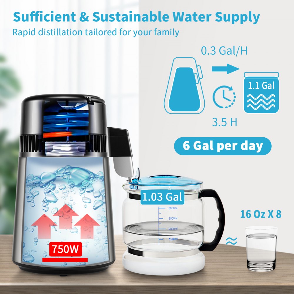 VEVOR Destylator Wody, 1 L/h, 4l Destylowana Woda Z Rozrządem 0-99 H, Oczyszczacz Wody Na Blacie 750 W z Wyświetlaczem Dual Temp, Proszek do Czyszczenia Szklanej Karafki 3 Pakiety Węgla