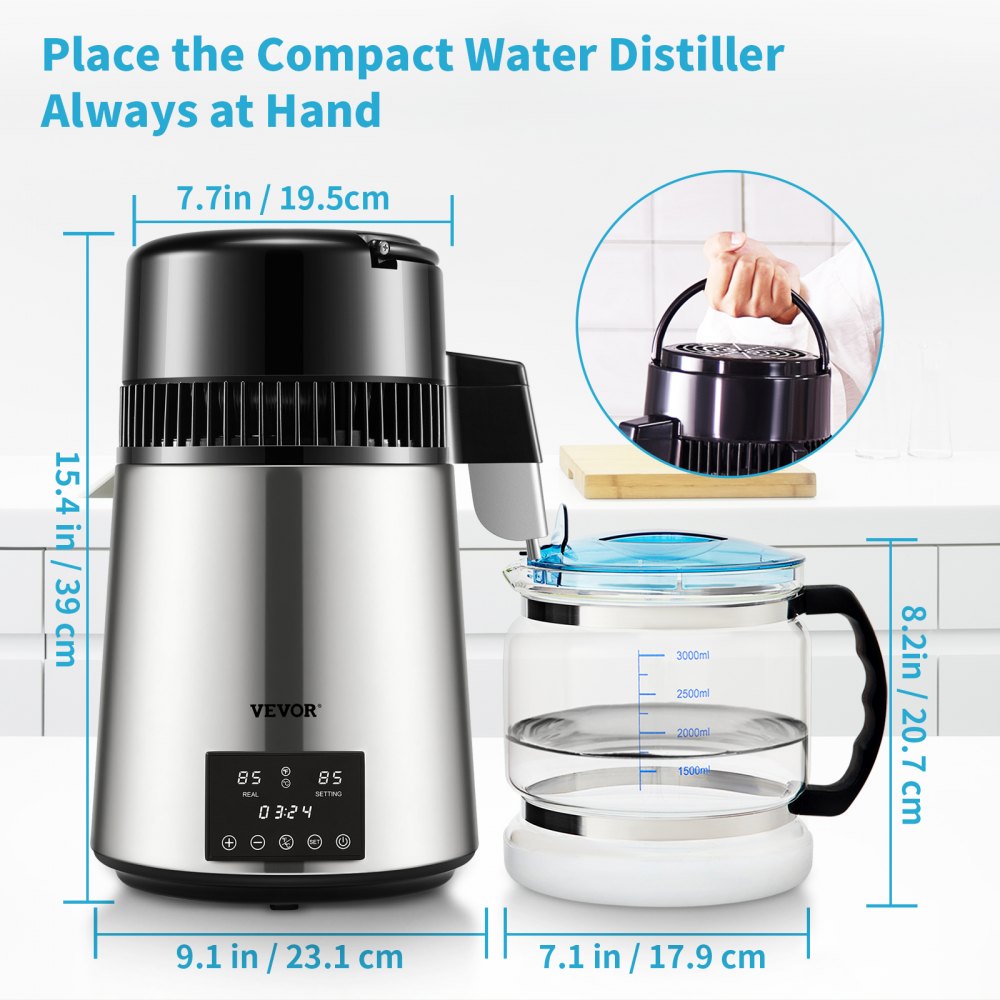 VEVOR Destylator Wody, 1 L/h, 4l Destylowana Woda Z Rozrządem 0-99 H, Oczyszczacz Wody Na Blacie 750 W z Wyświetlaczem Dual Temp, Proszek do Czyszczenia Szklanej Karafki 3 Pakiety Węgla