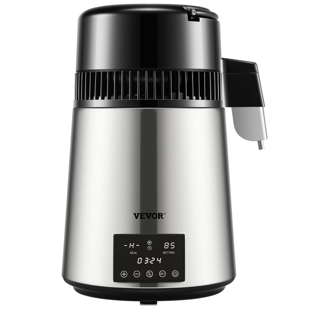 VEVOR Destylator Wody, 1 L/h, 4l Destylowana Woda Z Rozrządem 0-99 H, Oczyszczacz Wody Na Blacie 750 W z Wyświetlaczem Dual Temp, Proszek do Czyszczenia Szklanej Karafki 3 Pakiety Węgla