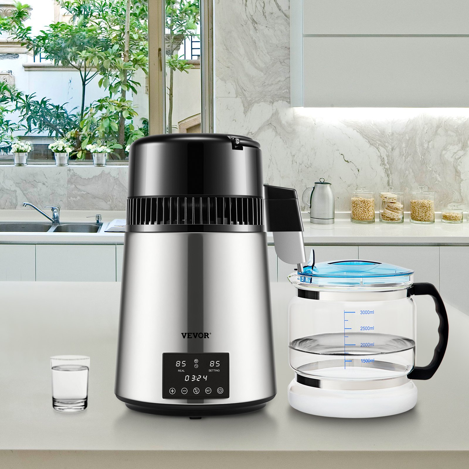 VEVOR Destylator Wody, 1 L/h, 4l Destylowana Woda Z Rozrządem 0-99 H, Oczyszczacz Wody Na Blacie 750 W z Wyświetlaczem Dual Temp, Proszek do Czyszczenia Szklanej Karafki 3 Pakiety Węgla
