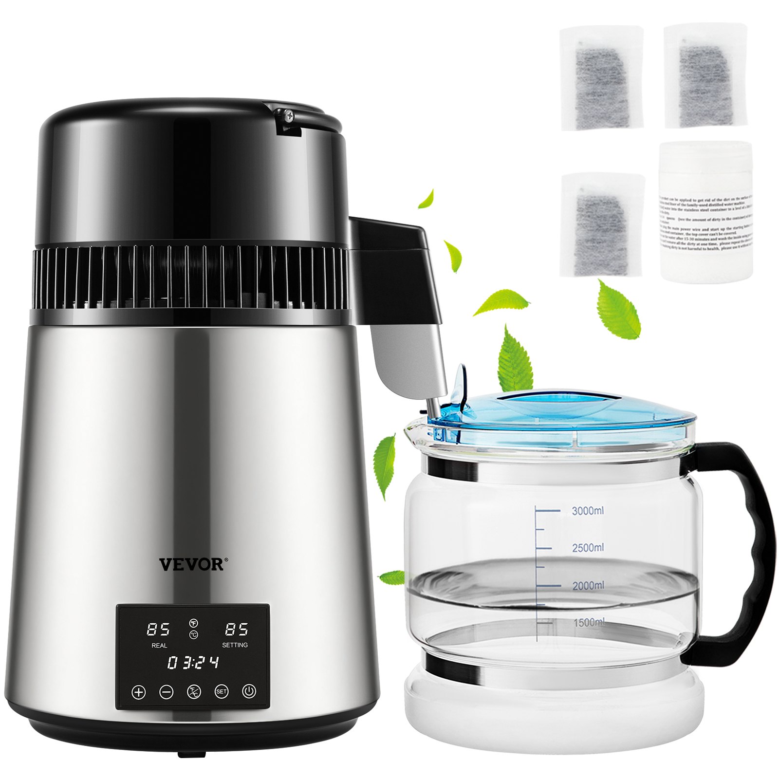 VEVOR Destylator Wody, 1 L/h, 4l Destylowana Woda Z Rozrządem 0-99 H, Oczyszczacz Wody Na Blacie 750 W z Wyświetlaczem Dual Temp, Proszek do Czyszczenia Szklanej Karafki 3 Pakiety Węgla