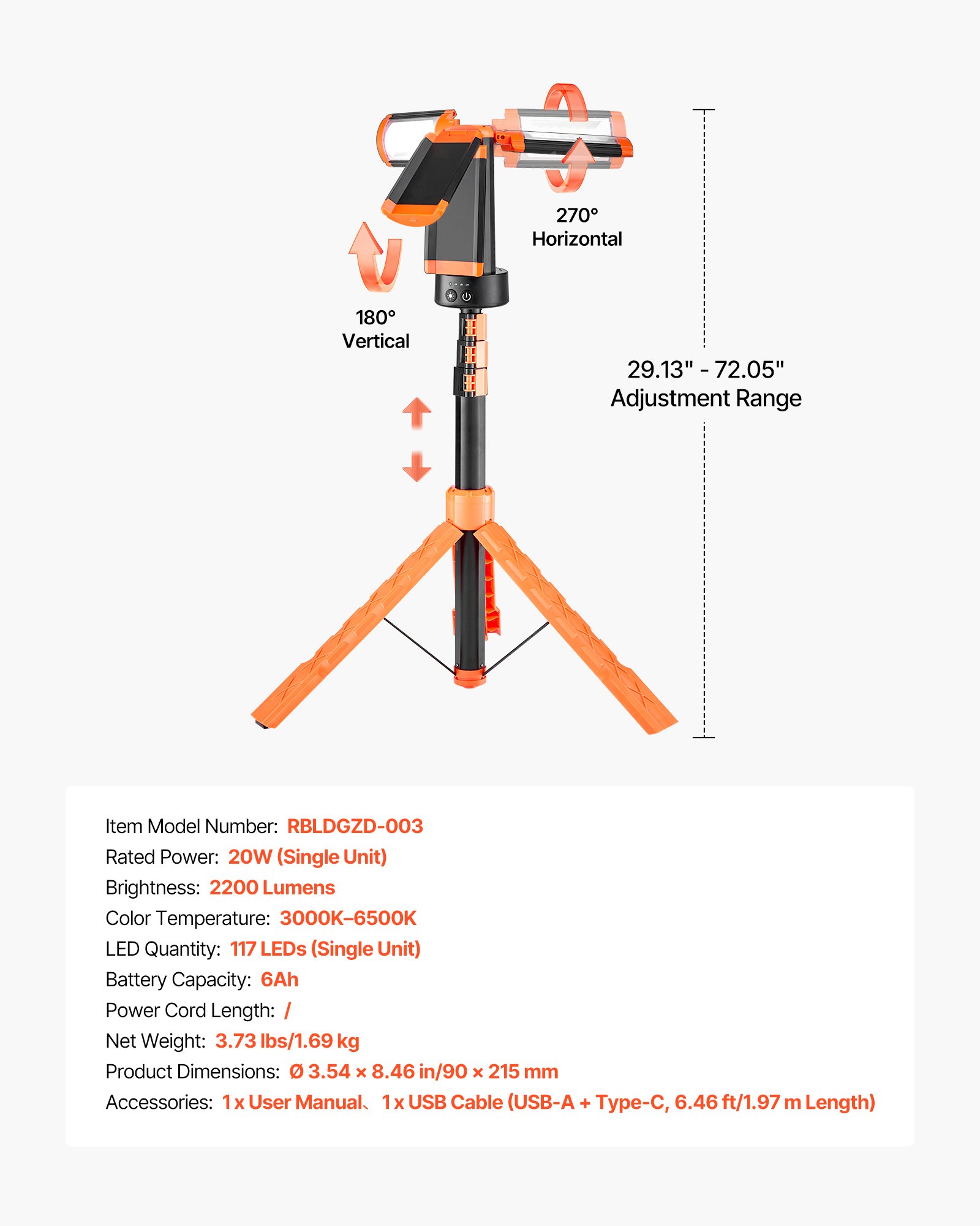 VEVOR Lampa budowlana LED ze statywem, lampa kempingowa z akumulatorem 6 Ah, z 3 głowicami, odłączanym statywem, 2200 LM, 3000 K-6500 K, z możliwością ściemniania, oświetlenie placu budowy