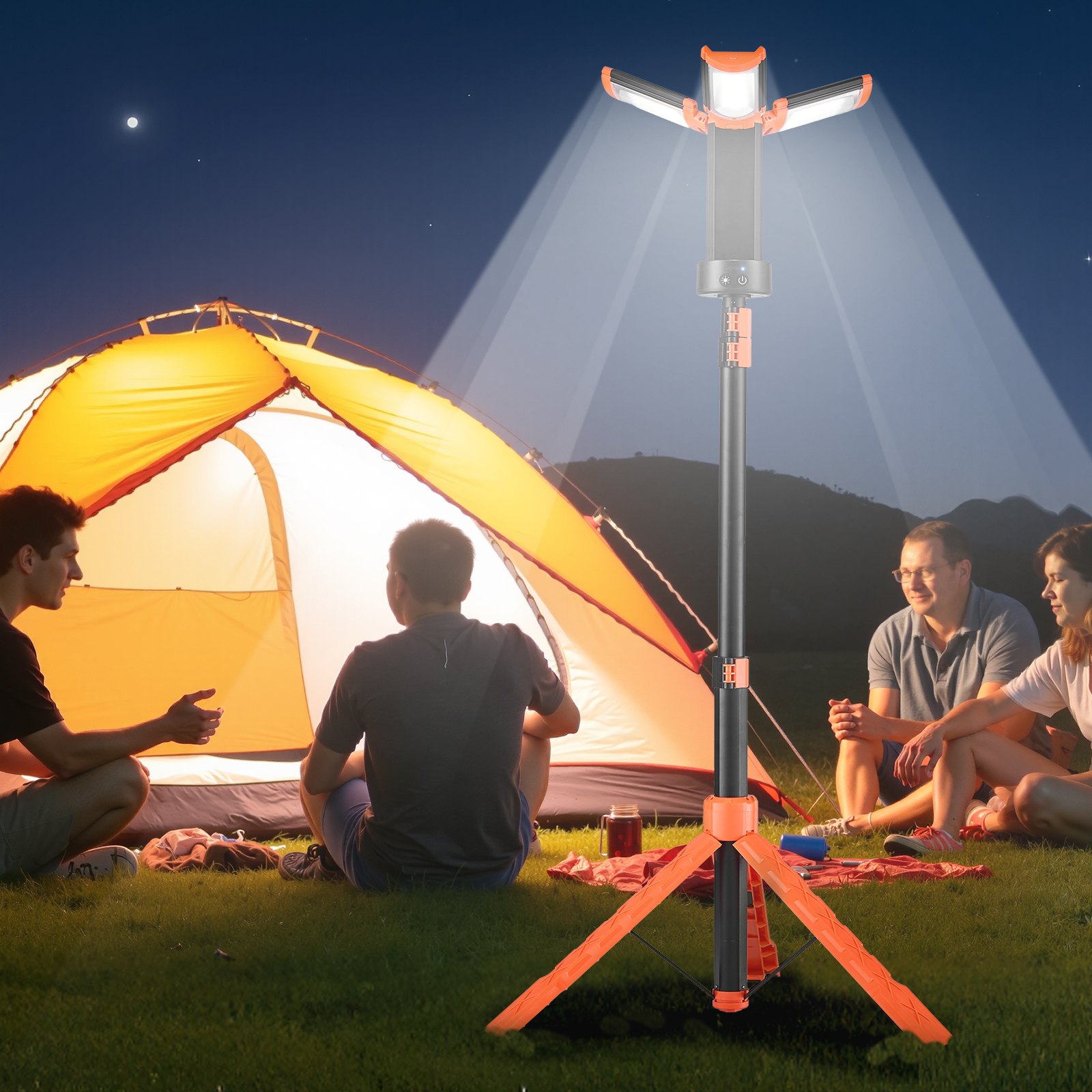VEVOR Lampa budowlana LED ze statywem, lampa kempingowa z akumulatorem 6 Ah, z 3 głowicami, odłączanym statywem, 2200 LM, 3000 K-6500 K, z możliwością ściemniania, oświetlenie placu budowy