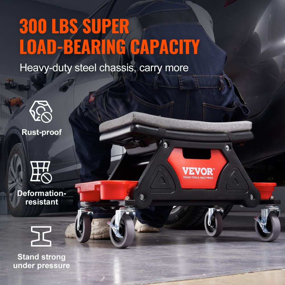 VEVOR Stołek warsztatowy na kółkach 640 x 335 x 390 mm, nośność 136 kg Stołek warsztatowy na kółkach, do montażu siedzisk, stołek garażowy, warsztatowy, krzesło robocze, siedzisko z pudłem do przechowywania i paletami, mobilny