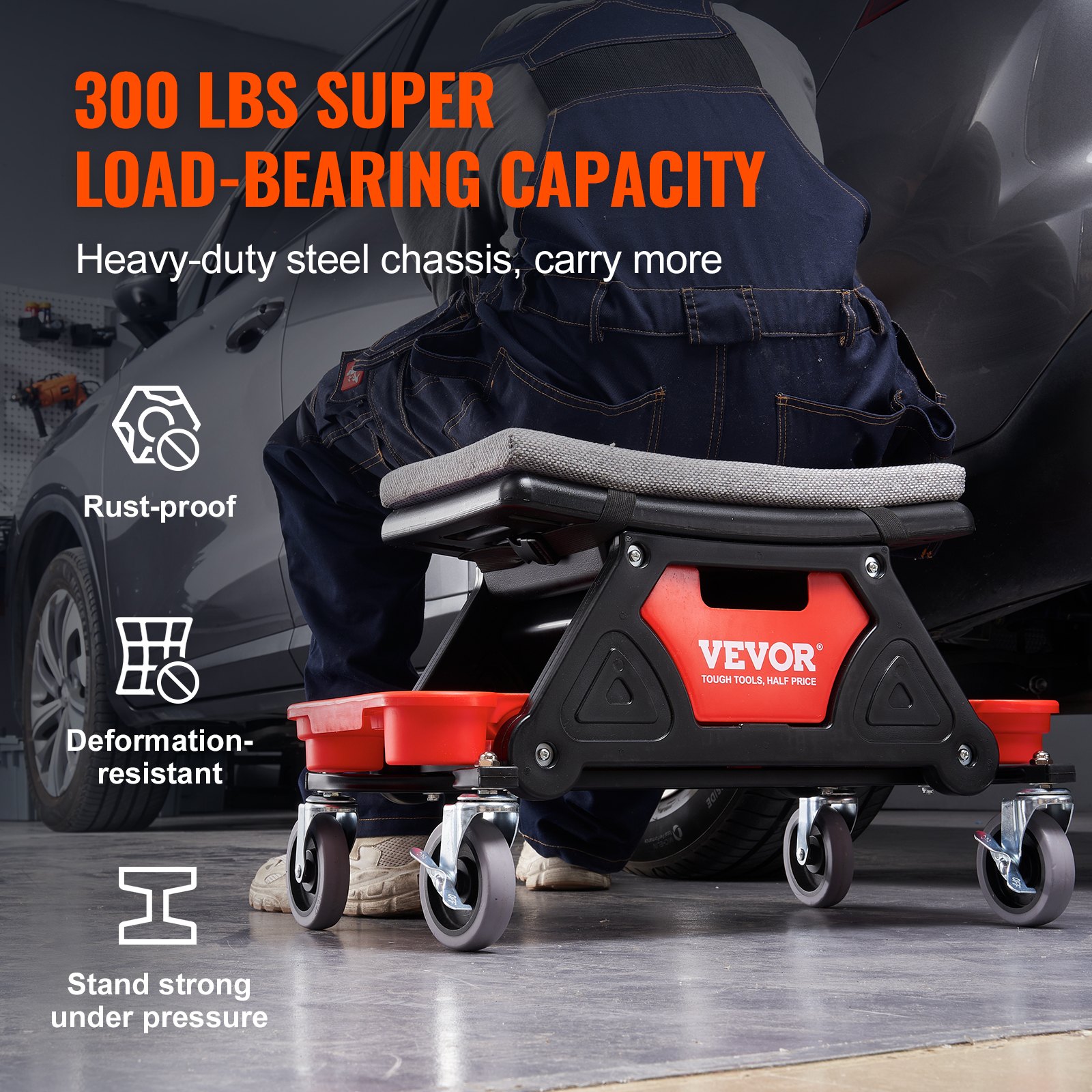 VEVOR Stołek warsztatowy na kółkach 640 x 335 x 390 mm, nośność 136 kg Stołek warsztatowy na kółkach, do montażu siedzisk, stołek garażowy, warsztatowy, krzesło robocze, siedzisko z pudłem do przechowywania i paletami, mobilny