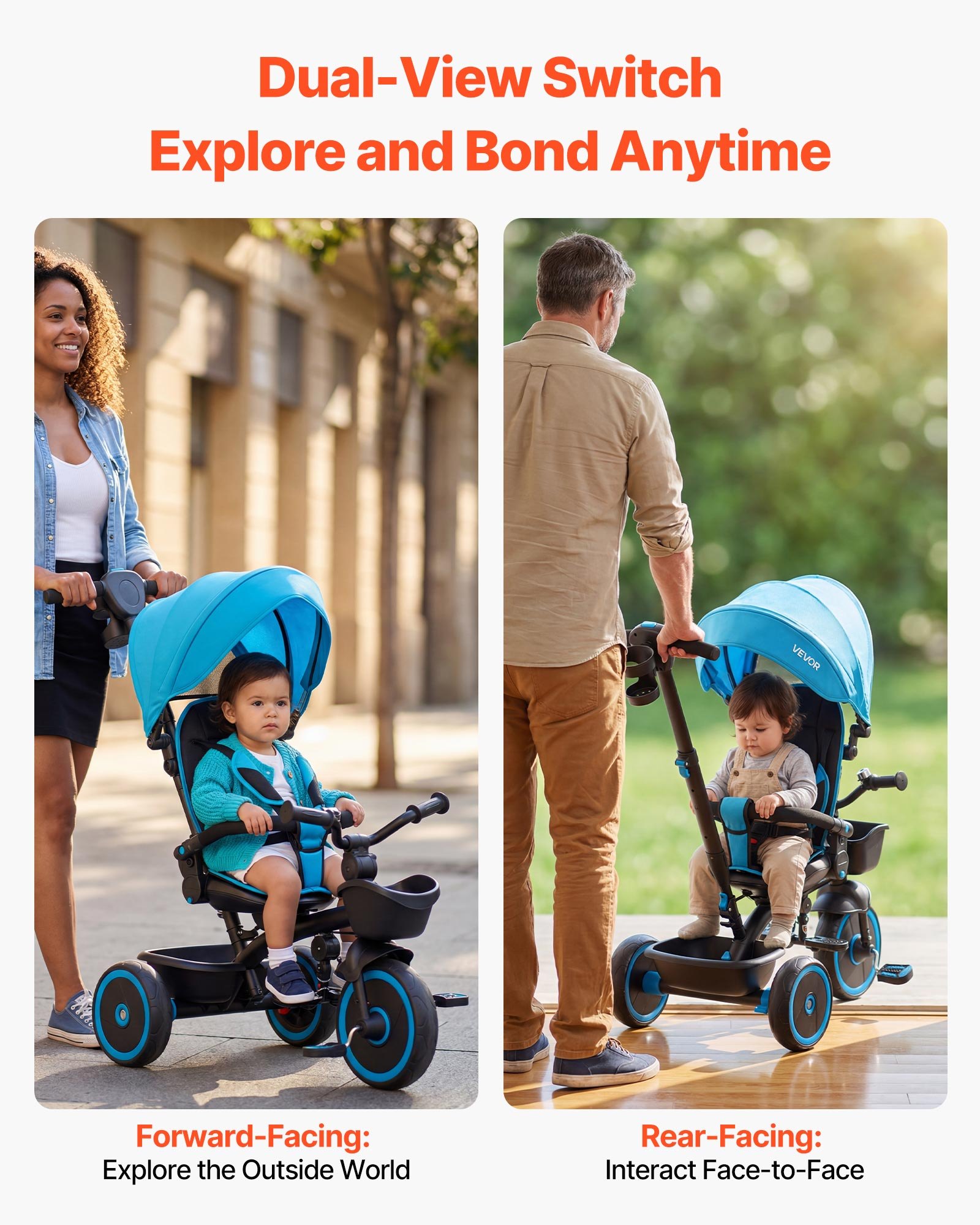 Trójkołowy rowerek VEVOR dla dzieci w wieku od 1 do 5 lat, rowerek biegowy z pałąkiem, składaną budką, regulowanym siedziskiem i koszykiem na zakupy, trójkołowy rowerek dziecięcy na prezent dla chłopców i dziewczynek, niebiesko-czarny