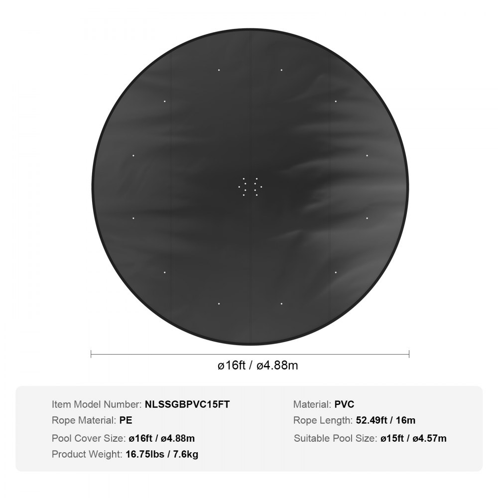 Okrągłe przykrycie na basen VEVOR o długości 15 stóp, przykrycia słoneczne do basenów naziemnych, bezpieczne przykrycie na basen ze sznurkiem, zimowe przykrycie na basen z PCV, wodoodporne i pyłoszczelne, czarne