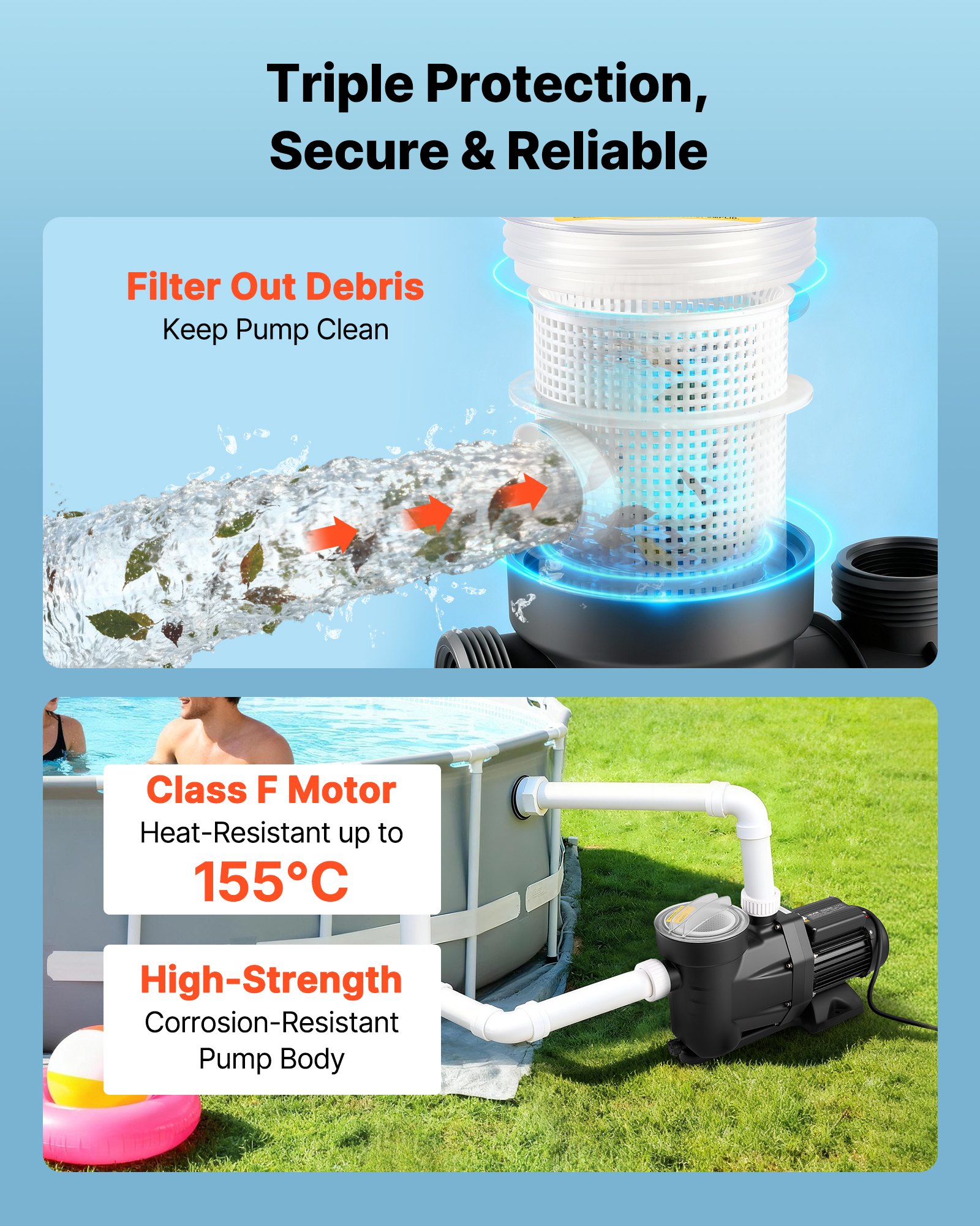 VEVOR Pool Pump, 1300W, 28,800 L/H Max Flow Single Speed Swimming Pool Pump, AC 220-240V, 2850 RPM, 17 m Max Head, with 24-Hour Timer & Filter Basket, for Above-Ground & In-Ground Pools, Hot Tubs, Spas