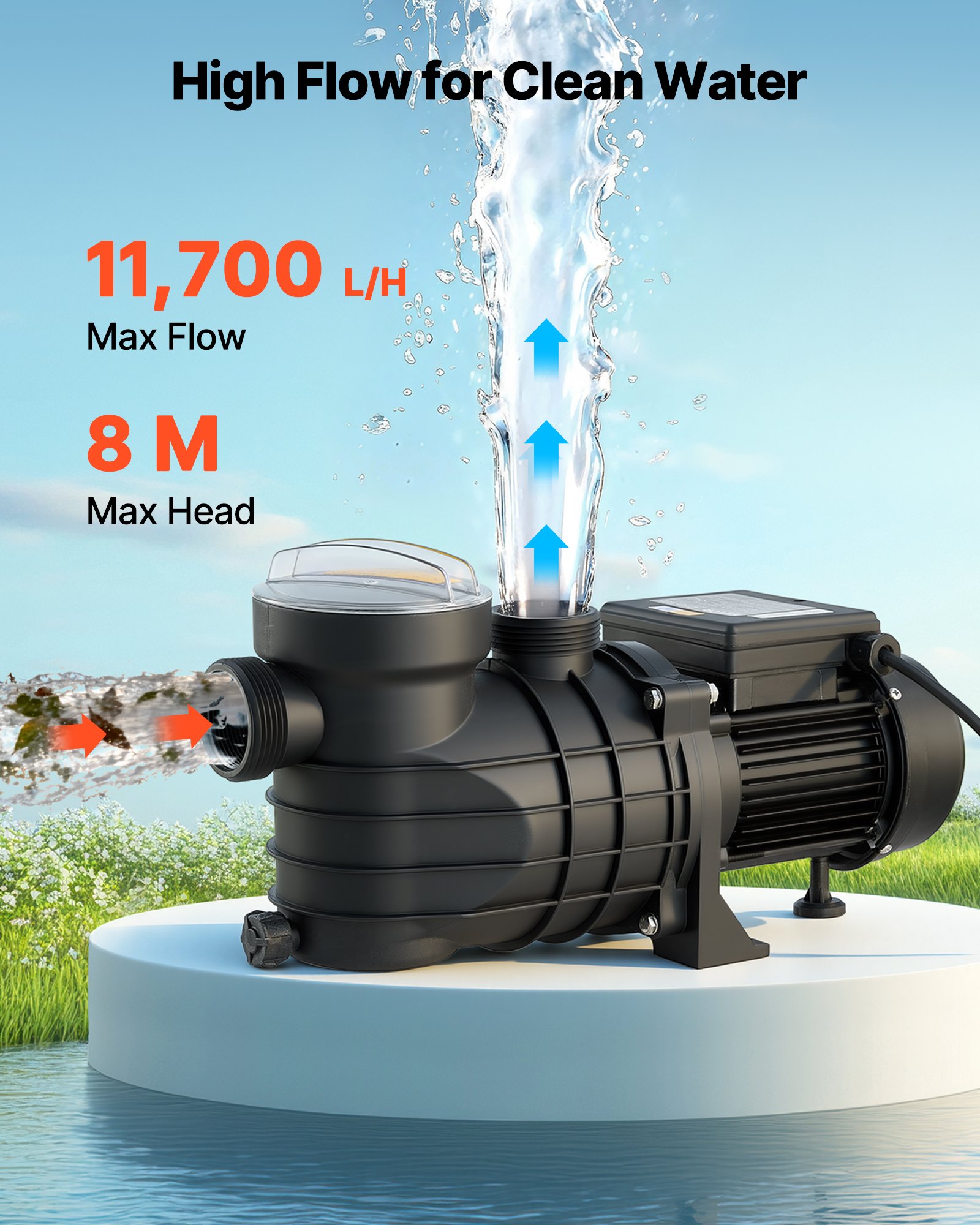 VEVOR Above Ground Pool Pump, 250W, 11,700 L/H Max Flow Single Speed Swimming Pool Pump, AC 220-240V, 2850 RPM, 8 m Max Head Lift, with Filter Basket & Lid, for Above Ground Pools, Hot Tubs, and Spas