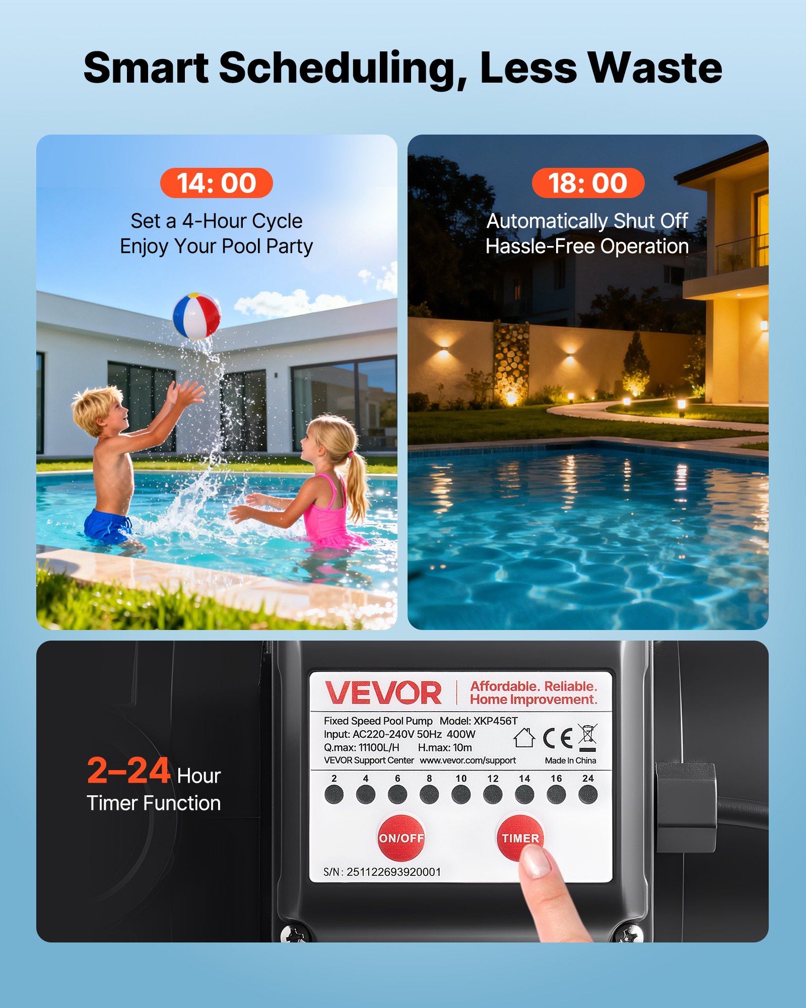 VEVOR Pool Pump, 400W, 11,100 L/H Max Flow Single Speed Swimming Pool Pump, AC 220-240V, 3450 RPM, 10 m Max Head, with 24-Hour Timer & Filter Basket, for Above-Ground & In-Ground Pools, Hot Tubs, Spas