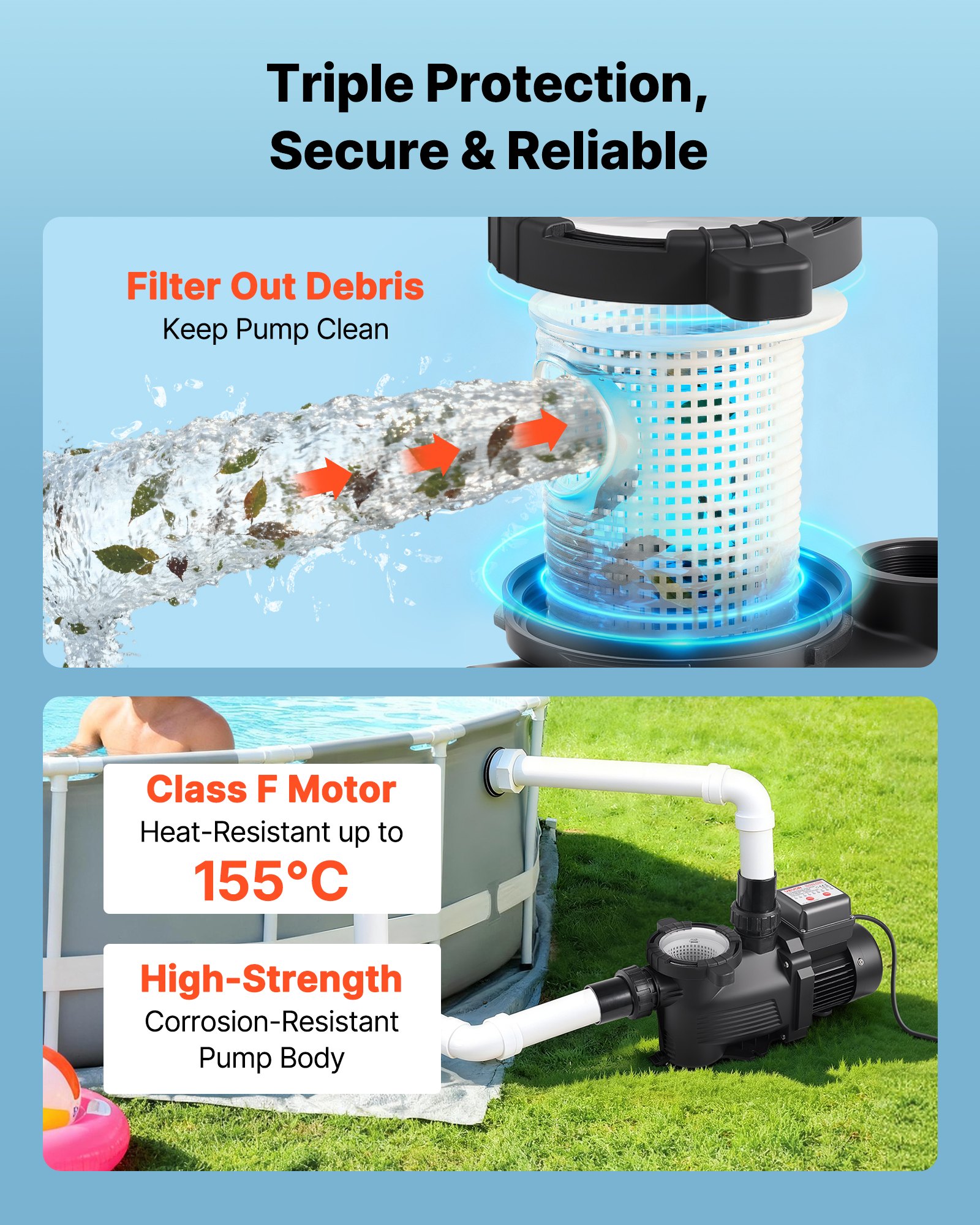 VEVOR Pool Pump, 400W, 11,100 L/H Max Flow Single Speed Swimming Pool Pump, AC 220-240V, 3450 RPM, 10 m Max Head, with 24-Hour Timer & Filter Basket, for Above-Ground & In-Ground Pools, Hot Tubs, Spas