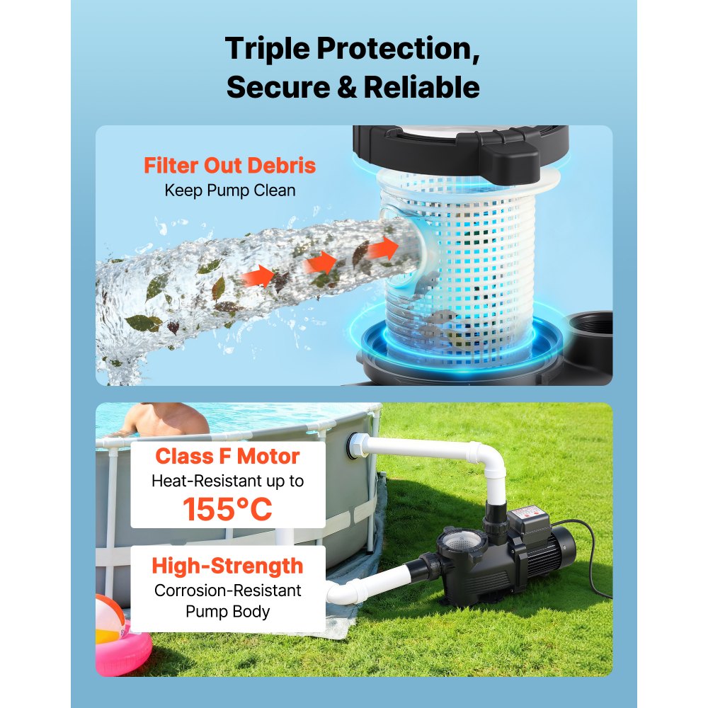 VEVOR Pool Pump, 550W, 14,000 L/H Max Flow Single Speed Swimming Pool Pump, AC 220-240V, 3450 RPM, 12 m Max Head, with 24-Hour Timer & Filter Basket, for Above-Ground & In-Ground Pools, Hot Tubs, Spas