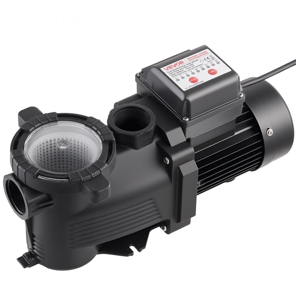 VEVOR Pool Pump, 550W, 14,000 L/H Max Flow Single Speed Swimming Pool Pump, AC 220-240V, 3450 RPM, 12 m Max Head, with 24-Hour Timer & Filter Basket, for Above-Ground & In-Ground Pools, Hot Tubs, Spas