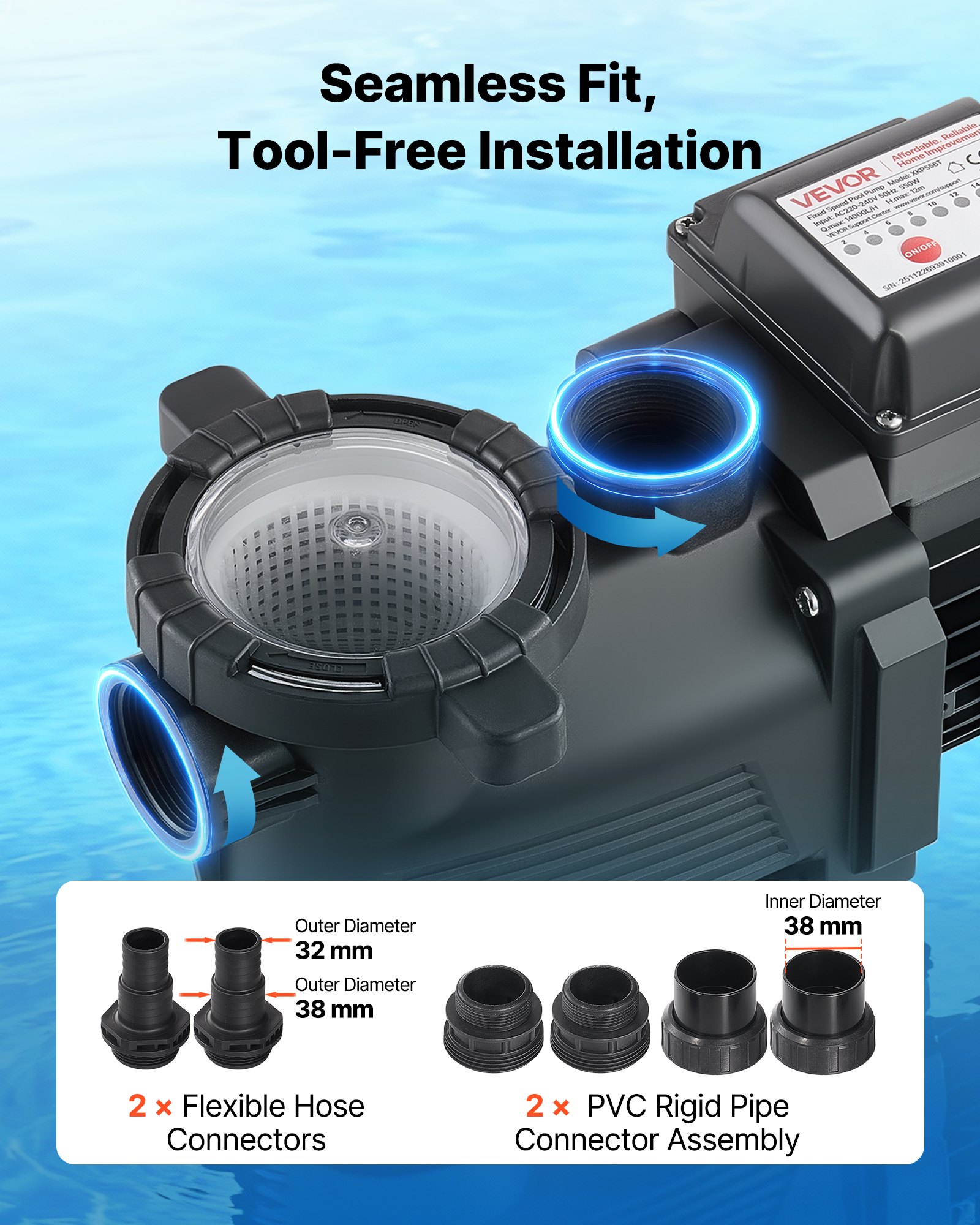 VEVOR Pool Pump, 550W, 14,000 L/H Max Flow Single Speed Swimming Pool Pump, AC 220-240V, 3450 RPM, 12 m Max Head, with 24-Hour Timer & Filter Basket, for Above-Ground & In-Ground Pools, Hot Tubs, Spas