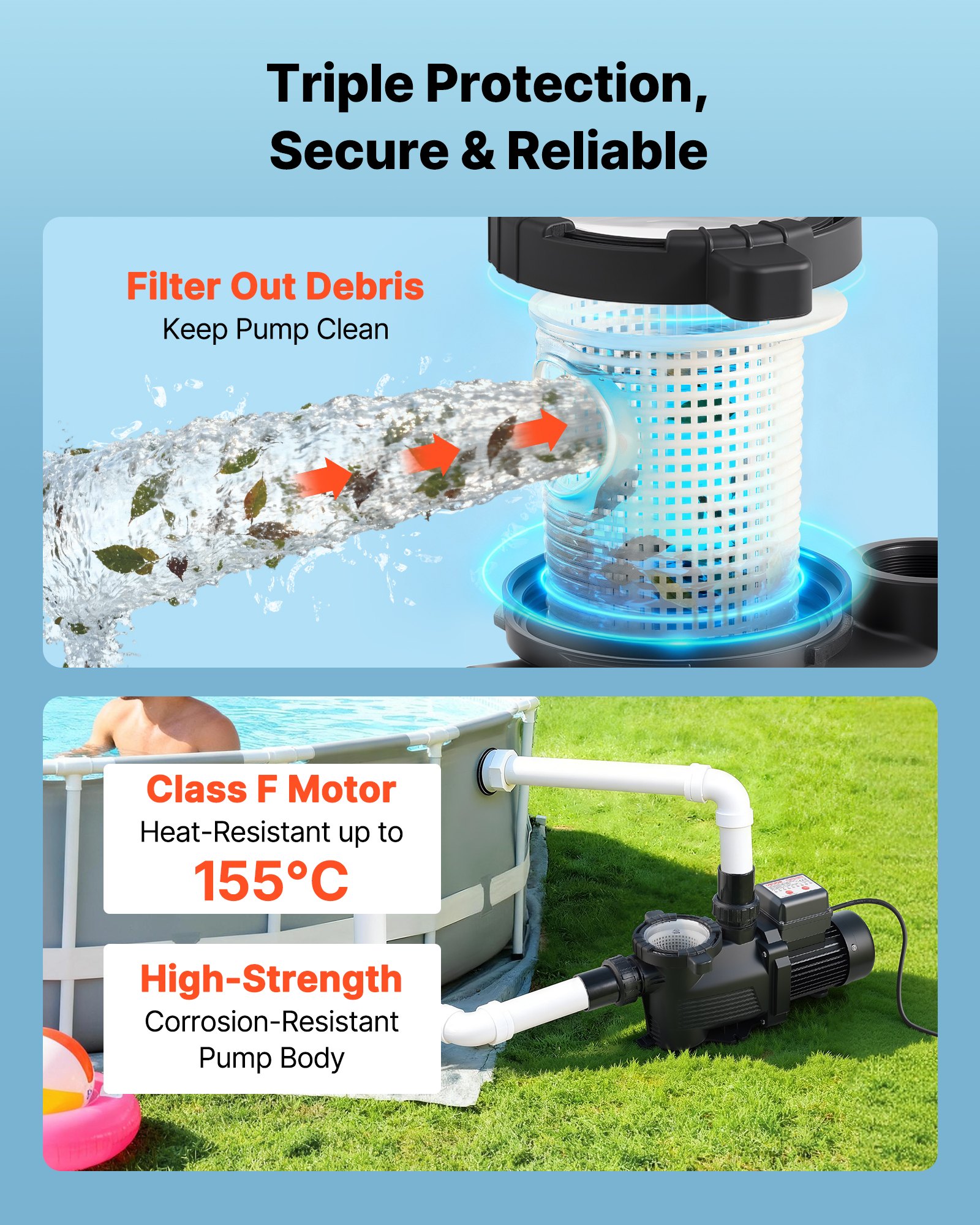 VEVOR Pool Pump, 550W, 14,000 L/H Max Flow Single Speed Swimming Pool Pump, AC 220-240V, 3450 RPM, 12 m Max Head, with 24-Hour Timer & Filter Basket, for Above-Ground & In-Ground Pools, Hot Tubs, Spas