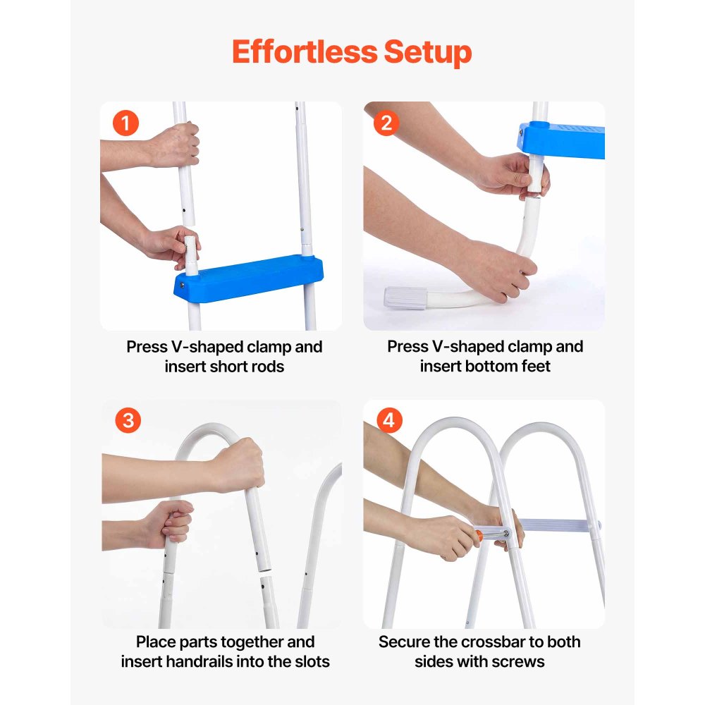 Drabinka basenowa VEVOR ze stali węglowej o udźwigu 136 kg, drabinka wejściowa w kształcie litery A, drabinka bezpieczeństwa do basenów naziemnych o głębokości 914 mm, pomoc w wejściu z 3 stopniami antypoślizgowymi, biało-niebieska