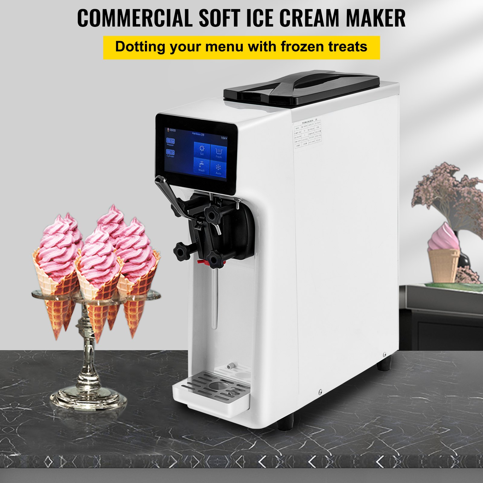 VEVOR Commercial Soft Ice Cream Machine Automatyczna maszyna do lodów 1000W 10-20L/h Biały