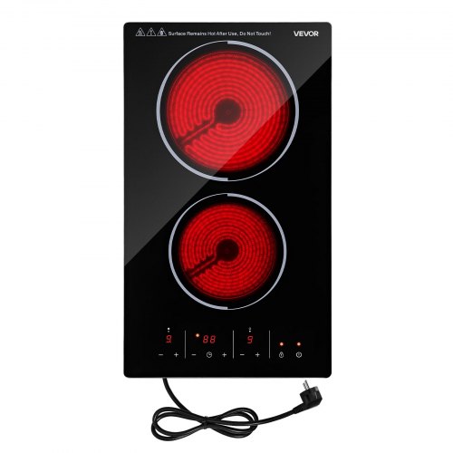 VEVOR Płyta grzewcza szklano-ceramiczna 52 x 30 cm Wbudowana płyta elektryczna 3000 W 2 strefy grzewcze, płyta ceramiczna z 9 poziomami mocy, timerem, blokadą rodzicielską, zabezpieczeniem przed przegrzaniem i sterowaniem dotykowym