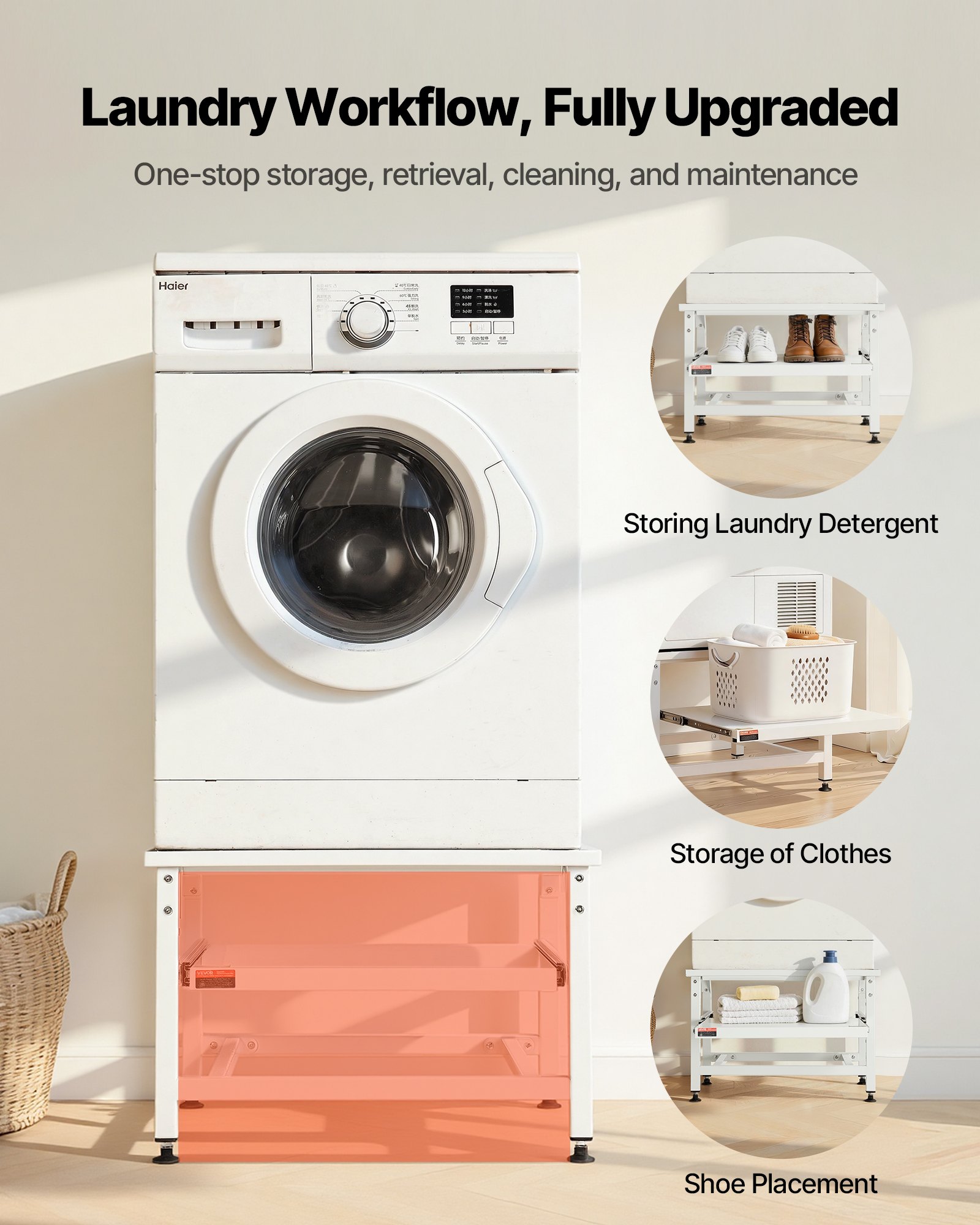 Podstawa pralki VEVOR o wysokości 410 mm, podwyższenie pod pralkę z wysuwaną półką, udźwig 318 kg, antypoślizgowe nóżki, stalowa podstawa suszarki, cokół, uniwersalna, kolor biały