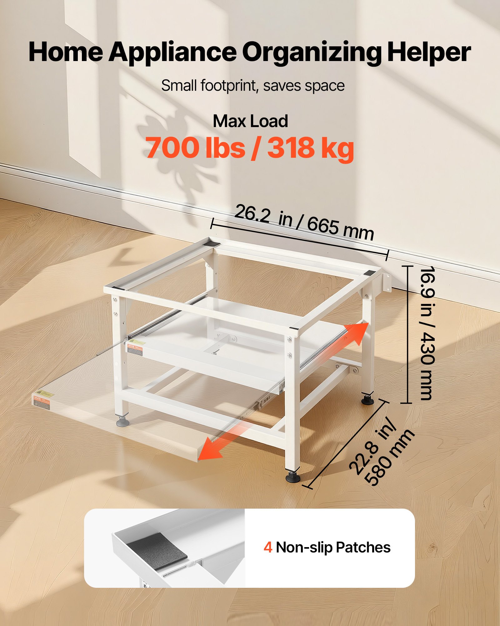 Podstawa pralki VEVOR o wysokości 410 mm, podwyższenie pod pralkę z wysuwaną półką, udźwig 318 kg, antypoślizgowe nóżki, stalowa podstawa suszarki, cokół, uniwersalna, kolor biały