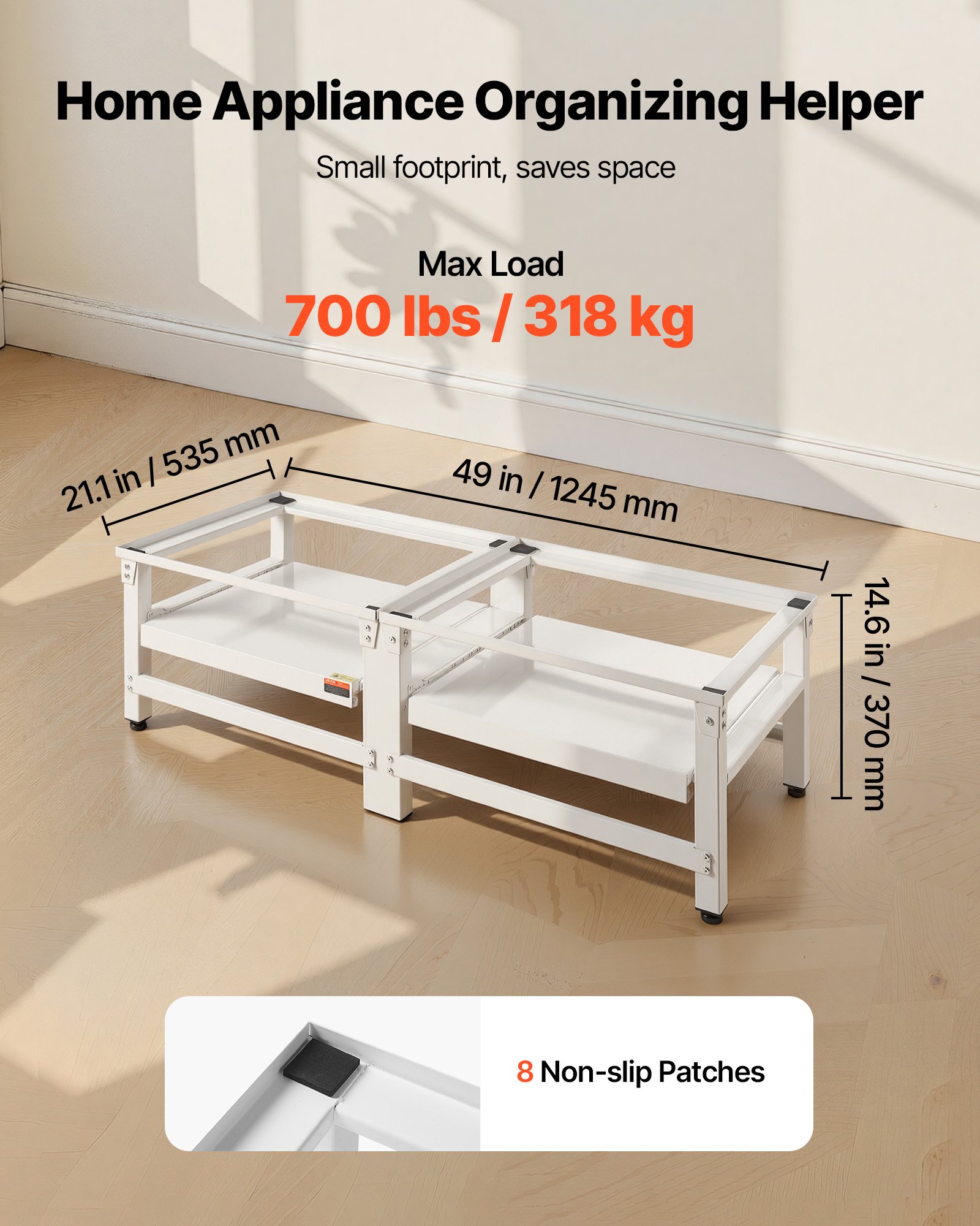 Podstawa pralki VEVOR o wysokości 355 mm, podwyższenie pod pralkę z wysuwaną półką, udźwig 318 kg, antypoślizgowe nóżki, podstawa suszarki, cokół, uniwersalna, kolor biały, 2 sztuki w opakowaniu